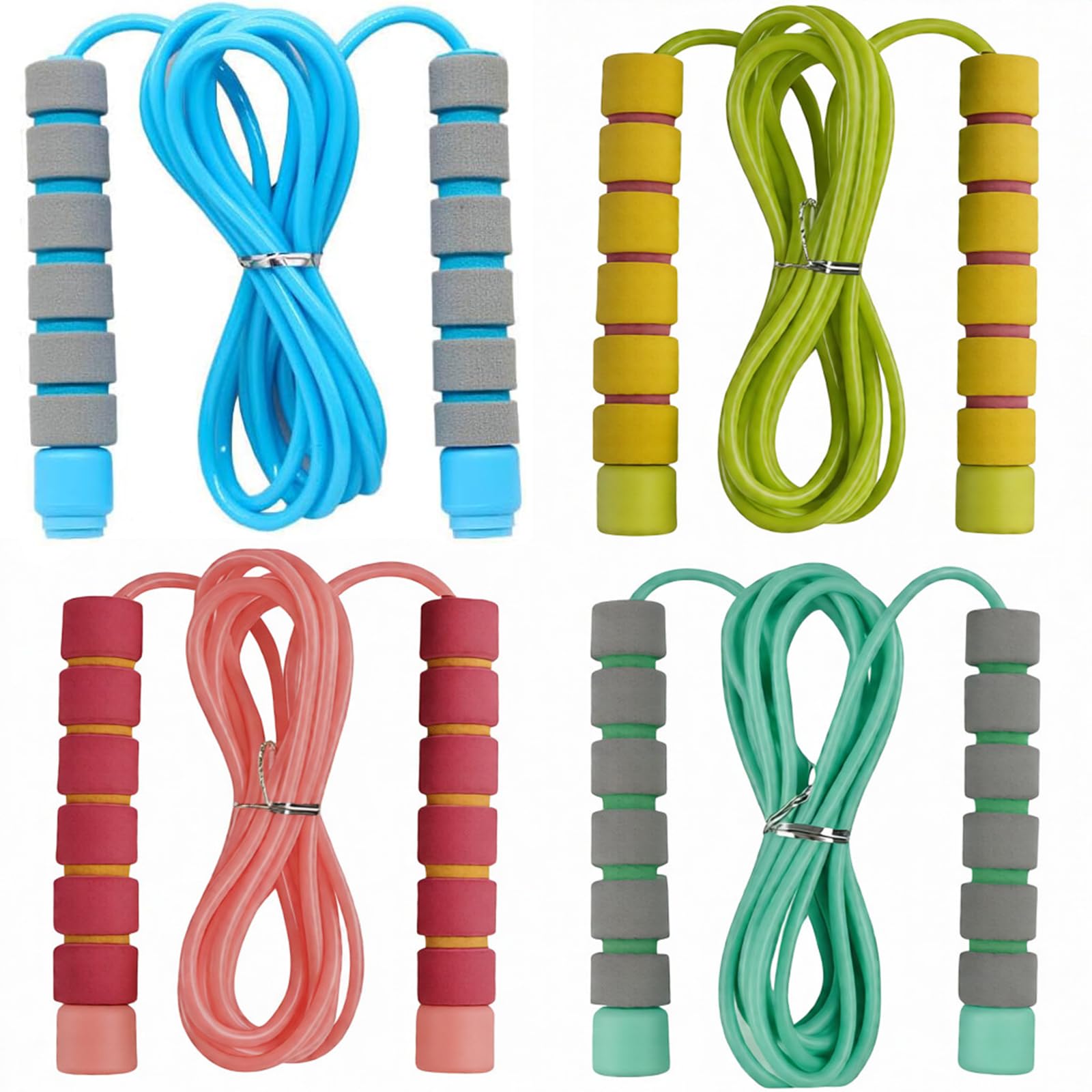 4 PCS Skipping Rope Kids and Adults, Adjustable Jump Ropes with Foam Handles, Suitable Fitness Jump Rope For Outdoor, Party Favor, Exercise Activity, Length 2.8m in Pink, Green,Yellow,Blue,