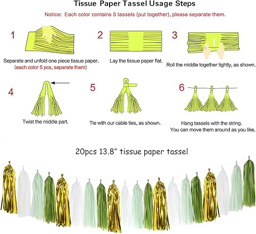 Miniatura 2 de Guirnalda de decoración de fiesta verde salvia-oliva dorada con borlas - 20 piezas de borlas rústicas para bodas, baby shower, cumpleaños, despedida
