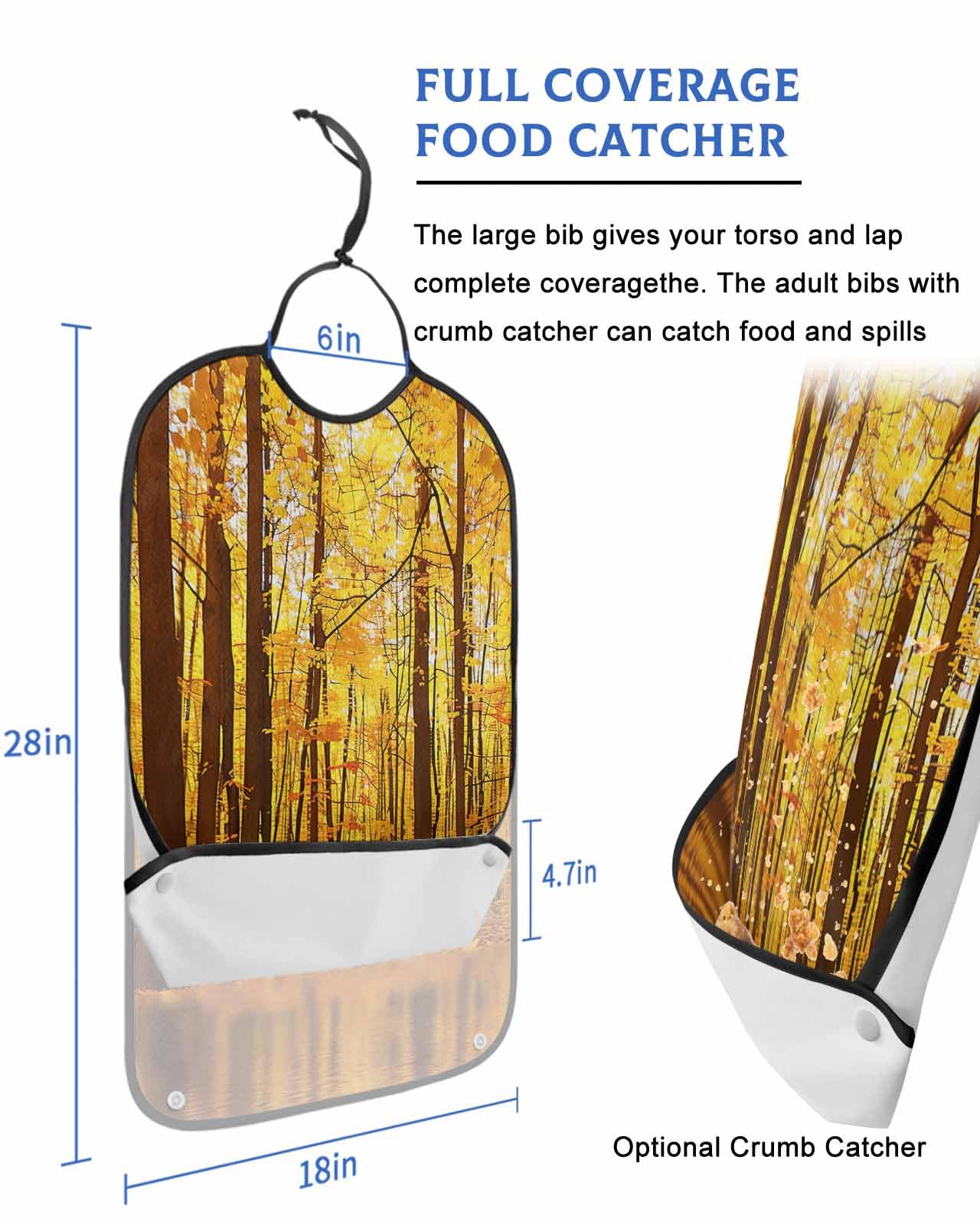 Onekaccu Fall Yellow Forest Adult Bibs for Elderly Women Men Washable Bibs for Eating, Abstract Autumn Pine Tree Natural Landscape Waterproof Clothing Protectors Adult Bibs with Crumb Catcher