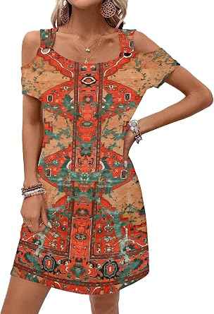 GUNEST Womens Summer Dress Cold Shoulder Scoop Neck Short Sleeve Spaghetti Strap with O Ring Fashion Sundress with Pockets