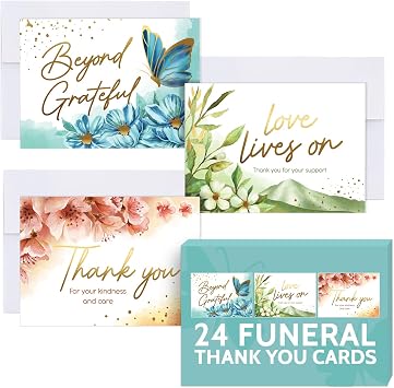 T MARIE 24 Gold Foil Funeral Thank You Cards With Message Inside - 4.5 x 6.25 Floral Bulk Sympathy Flower Thank You Cards with Words Inside - Bereavement Thank You Notes With Envelopes
