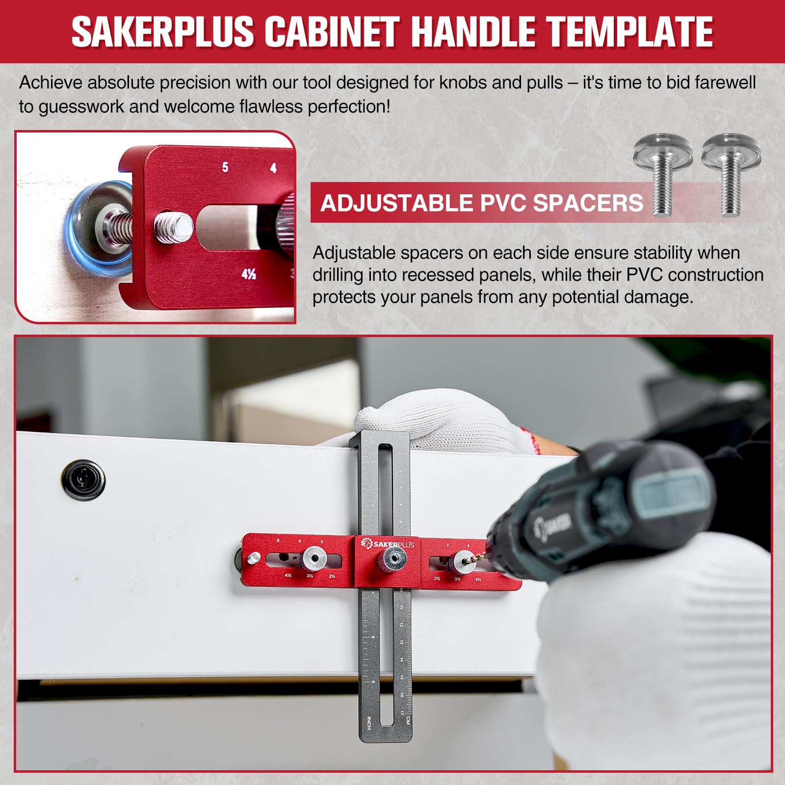 SakerPlus Cabinet Hardware Jig,Adjustable Cabinet Handle Template Tool For Knobs,Handles And Pulls,Straight Alignment Holes Drill Guide Self Centering - View #2