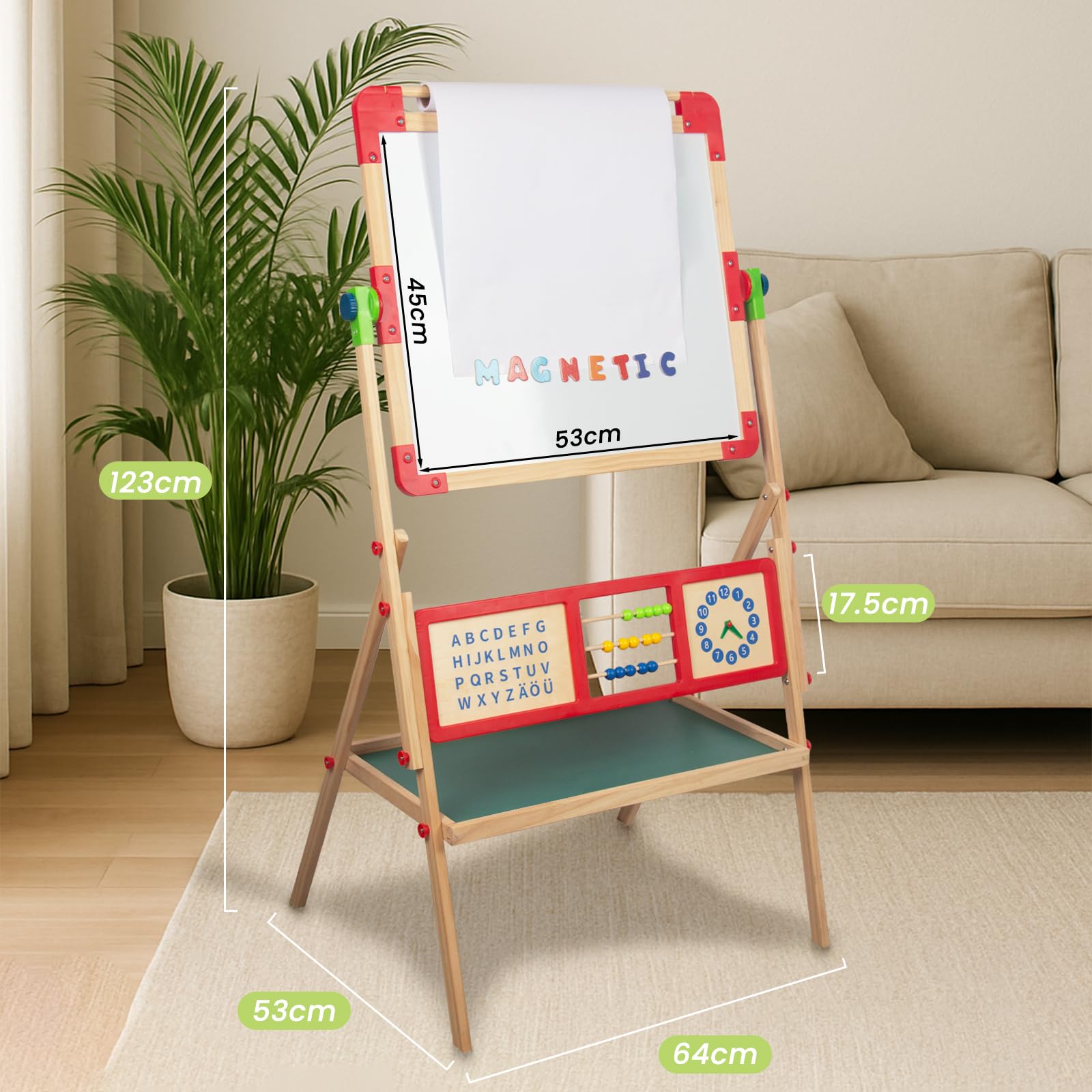 WoodenFun Kinder Kunst Staffelei Verstellbar mit Magnet, Doppelseitige Tafel mit löschbarer Magnettafel Hölzerne Tafel Holz für Kinder Standtafel 10-teiliges Set (Rot)