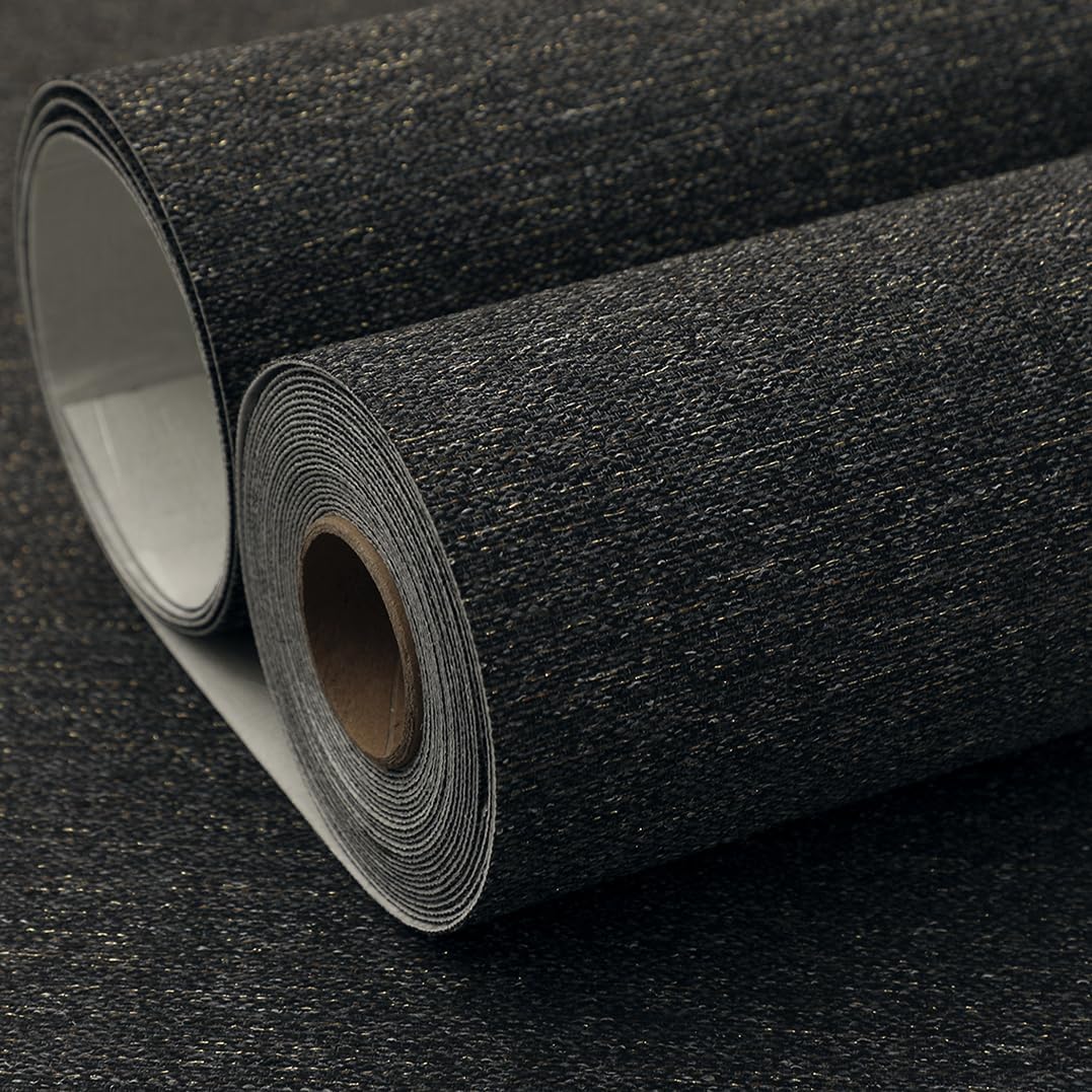 SHUFA Gold Black Cotton-Like Textured Grasscloth Wallpaper Matte Thick Real Woven Fabric Peel and Stick Contact Paper Removable Self Adhesive Washable (16.5"x236.2") A11