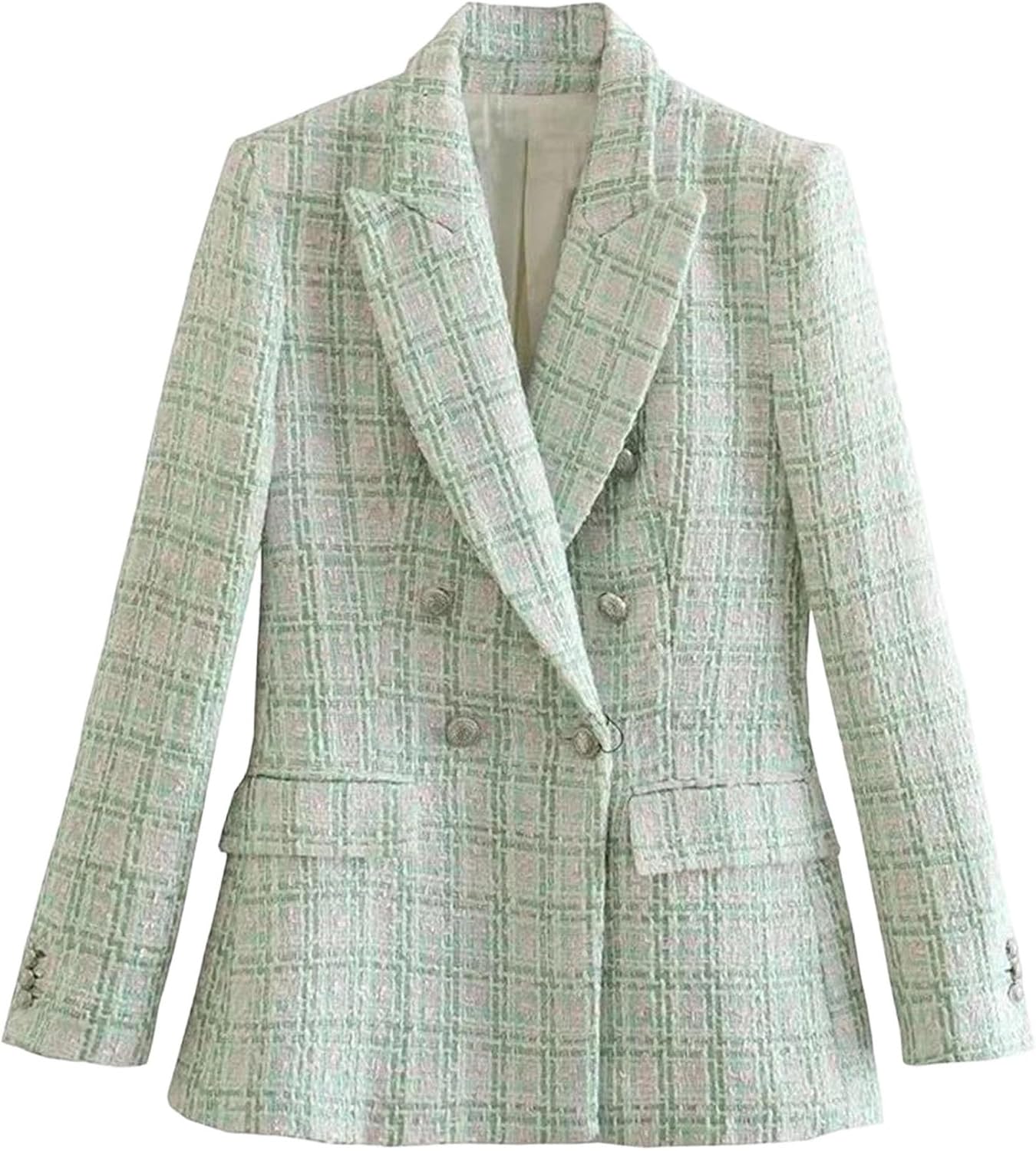 Womens Tweed Plaid Double Breasted Blazer Jacket Vintage Long Sleeve Stylish Workwear Coat