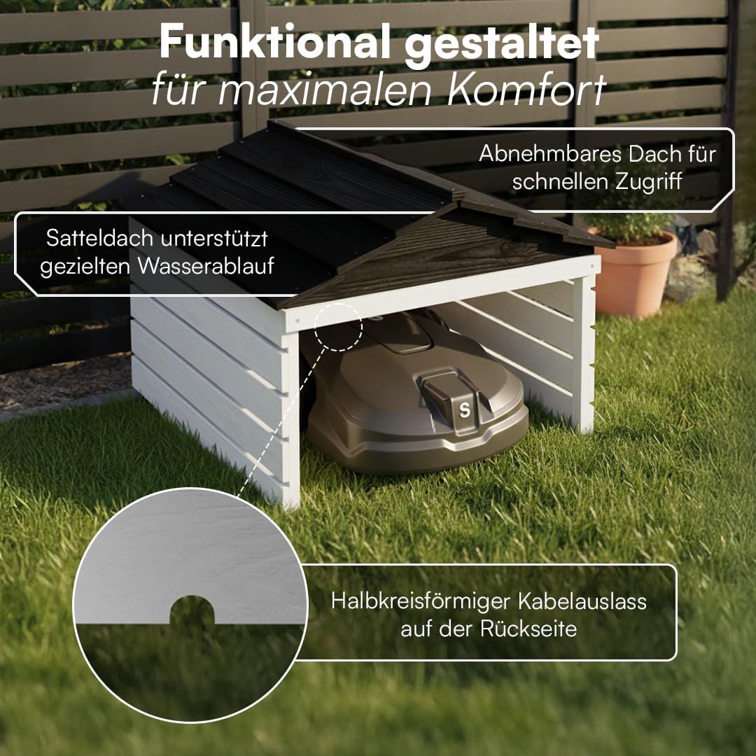 STEELSØN Nembus Mähroboter Garage Weiß – Rasenroboter Garage Holz – Rasenmäher Haus mit abnehmbarem Dach – für gängige Rasenmähroboter – Rasenmäher Unterstand mit UV-Schutz – Überdachung Mähroboter