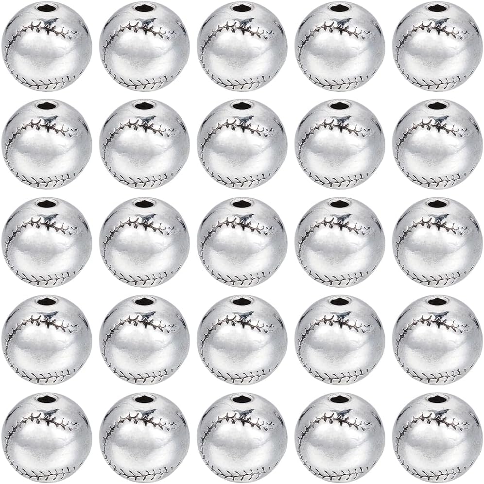 SUNNYCLUE 1 Box 75Pcs Sports Spacer Bead Silver Tennis Ball Beads Bulk 10x9.5mm Round Alloy Tibetan Metal Sport Ball Spacers for Bracelets Necklaces Earrings DIY Jewelry Making Theme Party Decorations