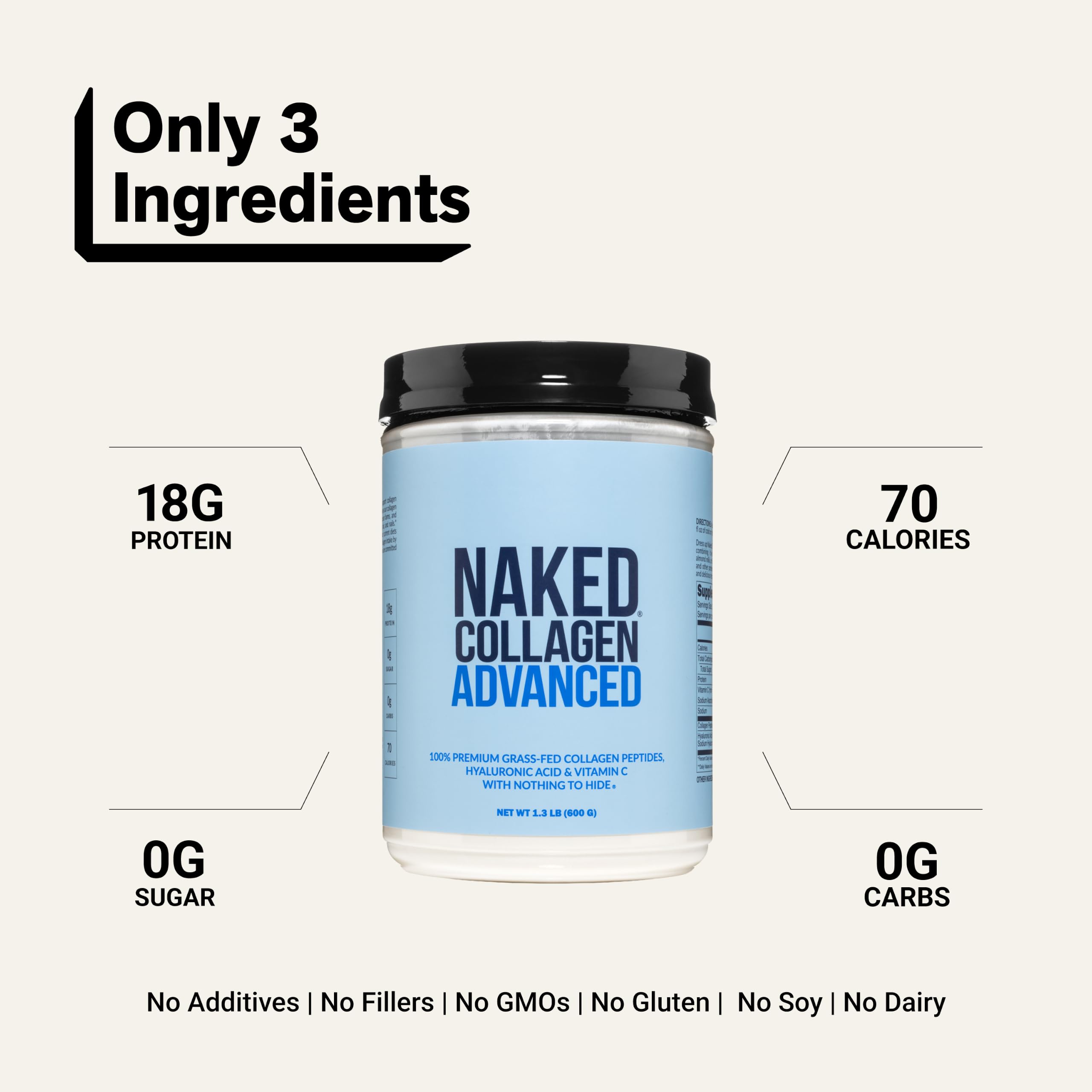 NAKED Collagen Advanced - Peptides Protein Powder, Hyaluronic Acid, Vitamin C, Pasture-Raised, Grass-Fed Hydrolyzed Collagen Supplement, Paleo Friendly, Non-GMO, Keto, Gluten Free, 1.3LB — Amazon image 3