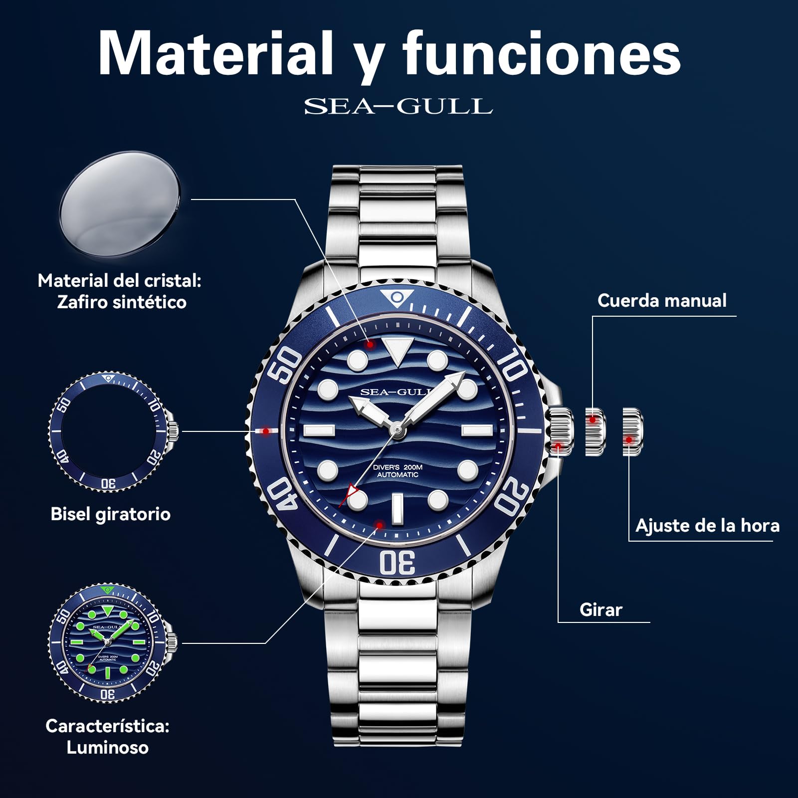 Sea Gull Reloj automático de Buceo para Hombre, Resistente al Agua de 200 m, Cristal de Zafiro, Pulsera de Acero Inoxidable 316L, Caja Trasera grabada de Pulpo