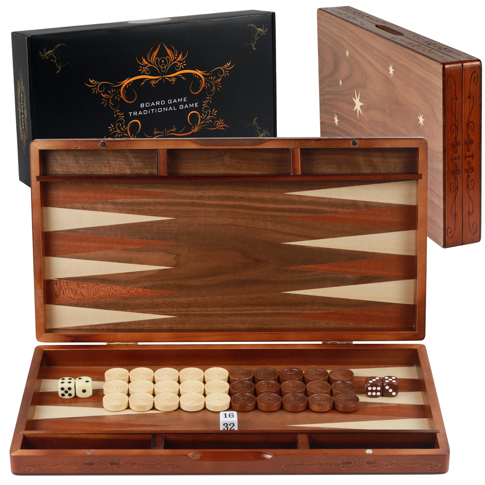 Syrace Handcrafted Wooden Backgammon Set, 16" Large Size, Classic Two-Player Strategy Board Premium Travel Game Board for Adults & Teenagers