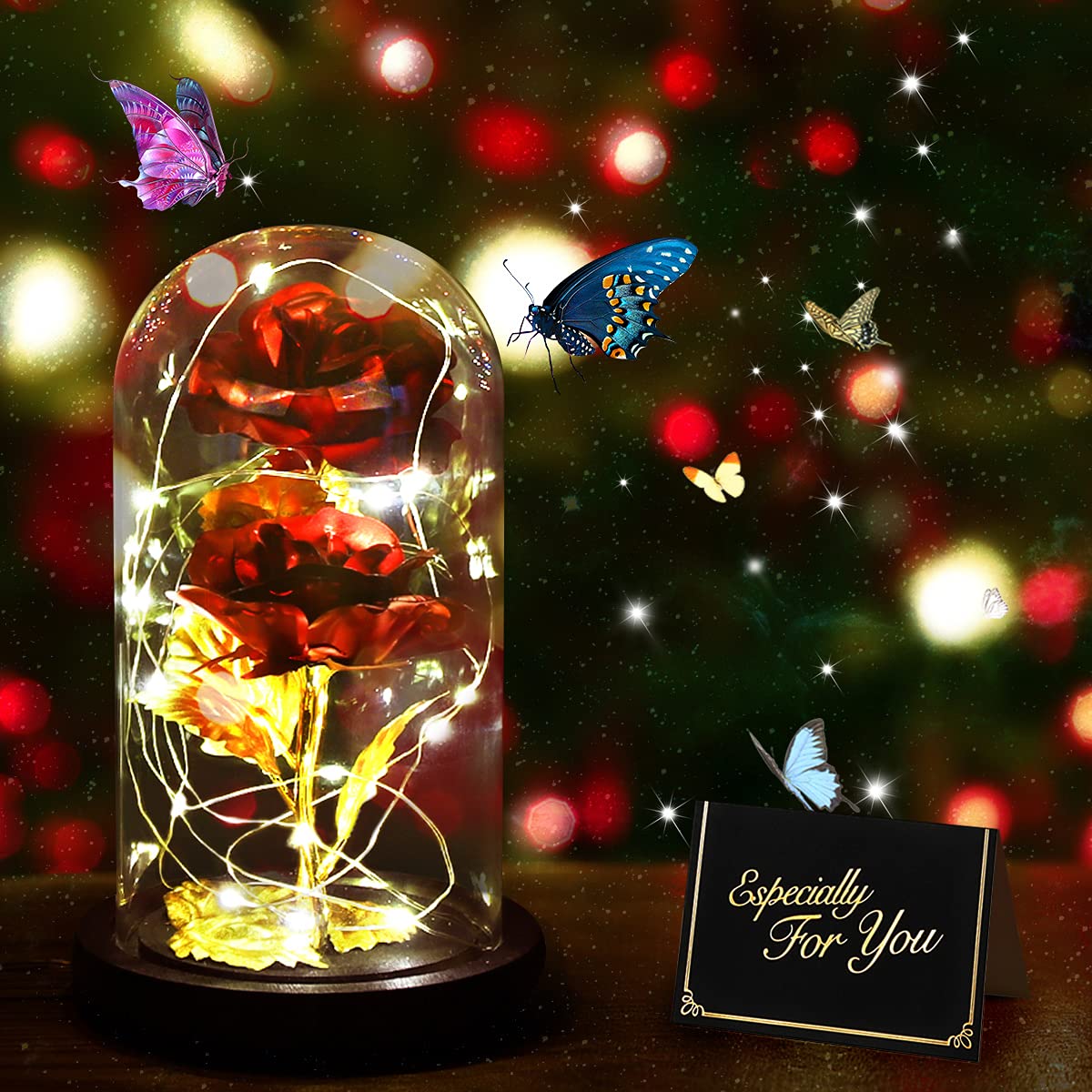 Glass Rose Galaxy Flower Beauty Beast Dome Birthday Unique Present for Women with LED Lights, Forever Enchanted Preserved Roses Valentine Day Wedding for Her Mom Girlfriend Wife