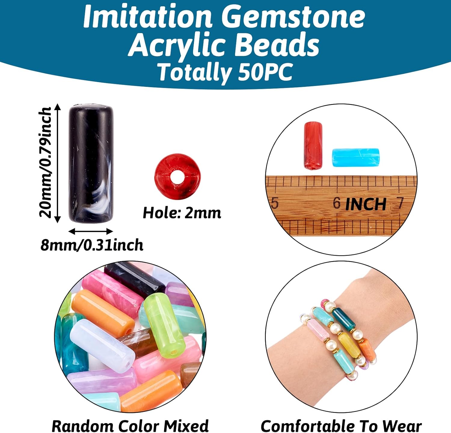 Pandahall 50pcs Column Imitation Gemstone 20x8mm Acrylic Beads Loose Spacer Beads Random Mixed for Jewelry Making - Image 5