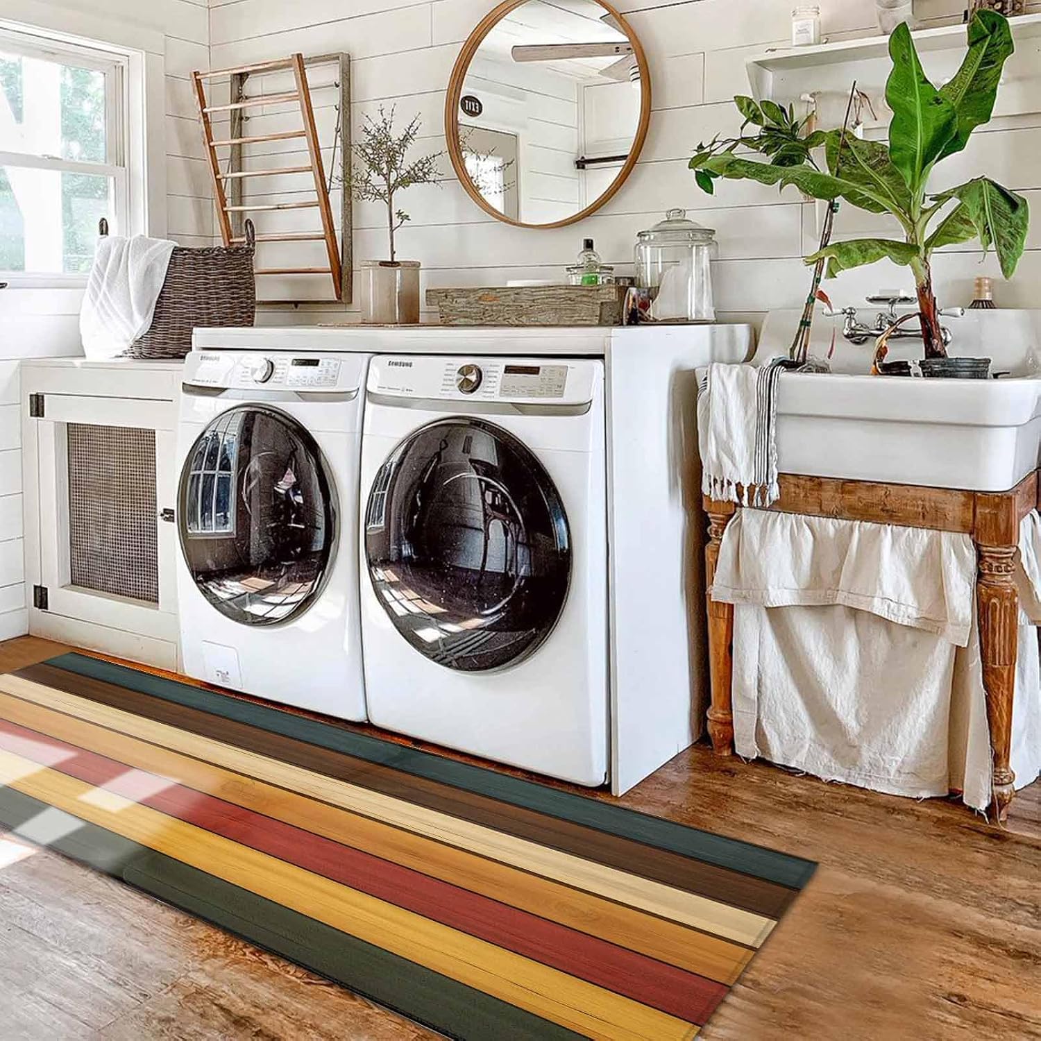 Kitchen Mats for Floor Vintage Red Yellow Wood Grain Washable Non Slip Kitchen Rugs 2PCS, Farm Brown Blue Wooden Absorbent Standing Mats for Sink Bathroom Office Living Room 15.7x23.6in+15.7x47.2in