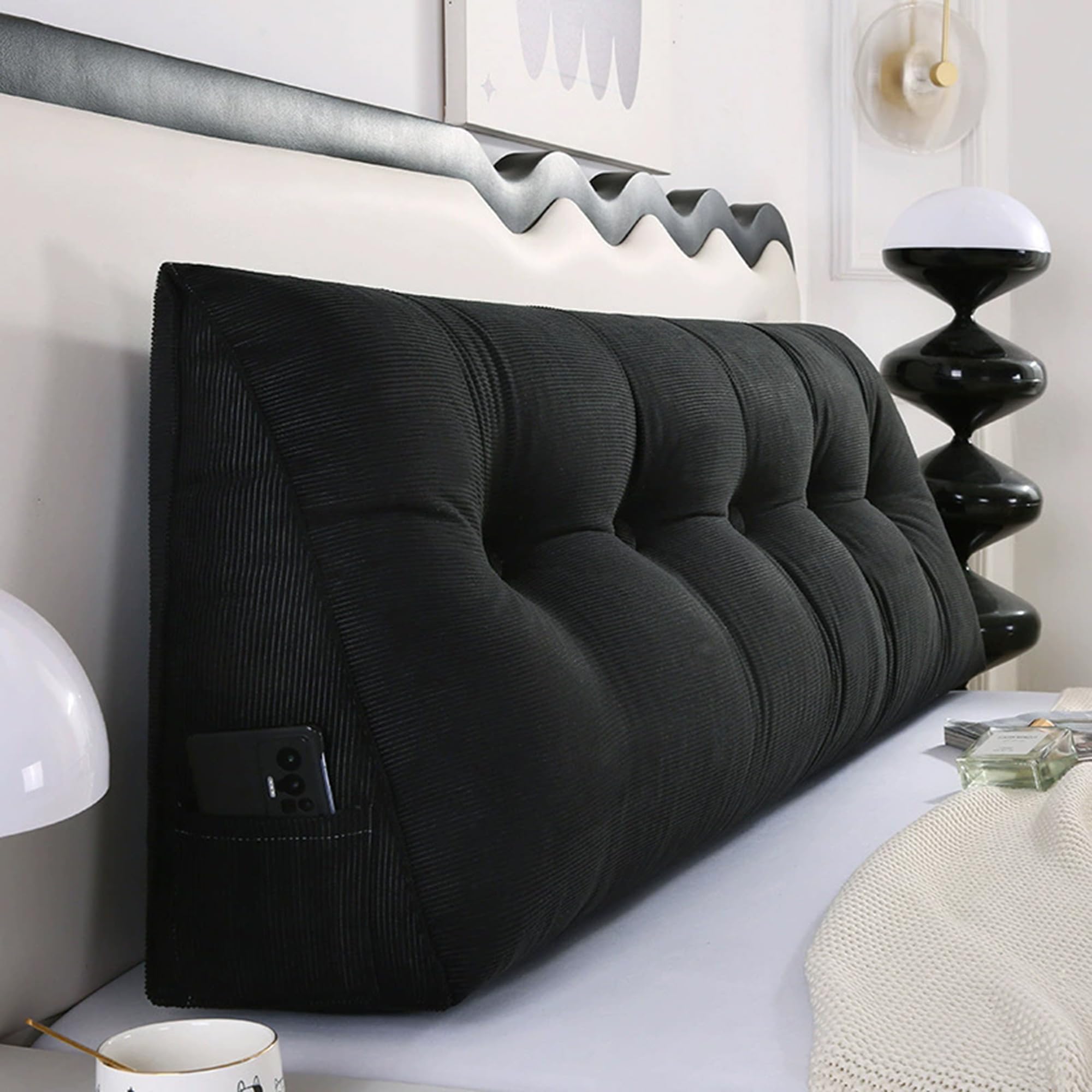 Hruile Wedge Back Lumbar Pillow, Triangular Headboards Pillow, Cosy Back Cushion for Sofa and Bed, Reading Cushion with Side Pocket, Sofa Daybed Positioning Bolster (180x50x20cm,Black)