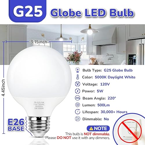 Miniatura 3 de MAXvolador Bombilla LED G25 equivalente a 60 W, luz blanca diurna de 5000 K, bombillas de tocador E26 para espejo de maquillaje de baño, bombilla