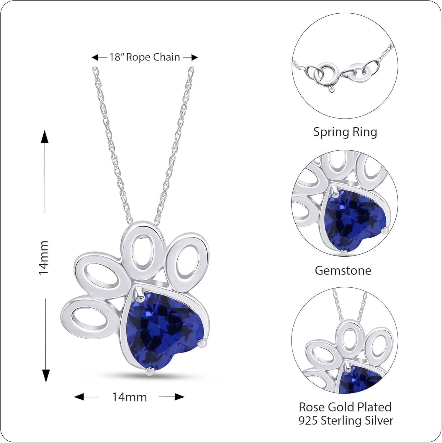 AFFY Heart Shape Simulated Birthstone Paw Print Pendant Necklace with 18" Rope Chain in 14k Gold Plated 925 Sterling Silver – Gift for Women Jewelry - Image 2