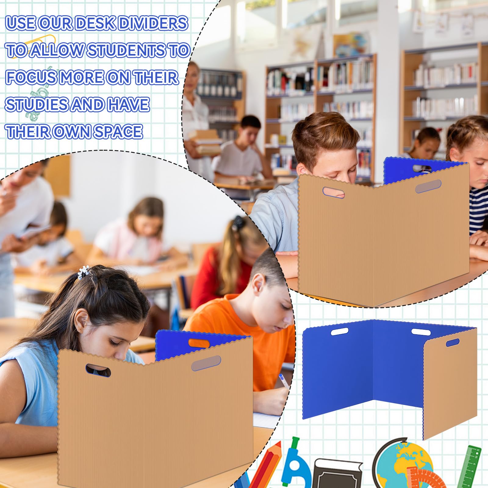 Schreibtische Sichtschutzteiler Schüler Set Privatsphäre Testbretter Study Carrel Klassenzimmer Sichtschutz Panel Stern Sichtschutz Ordner für Schule Lehrer Studium Test Home Office (Blau)