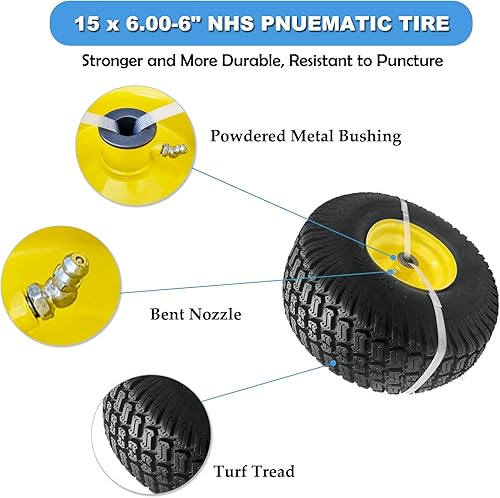 Miniatura 3 de Paquete de 2 neumáticos NHS de 15 x 6.00-6 con llanta, rueda neumática, cubo de desplazamiento de 3 pulgadas con buje de 3/4 pulgadas, neumáticos de