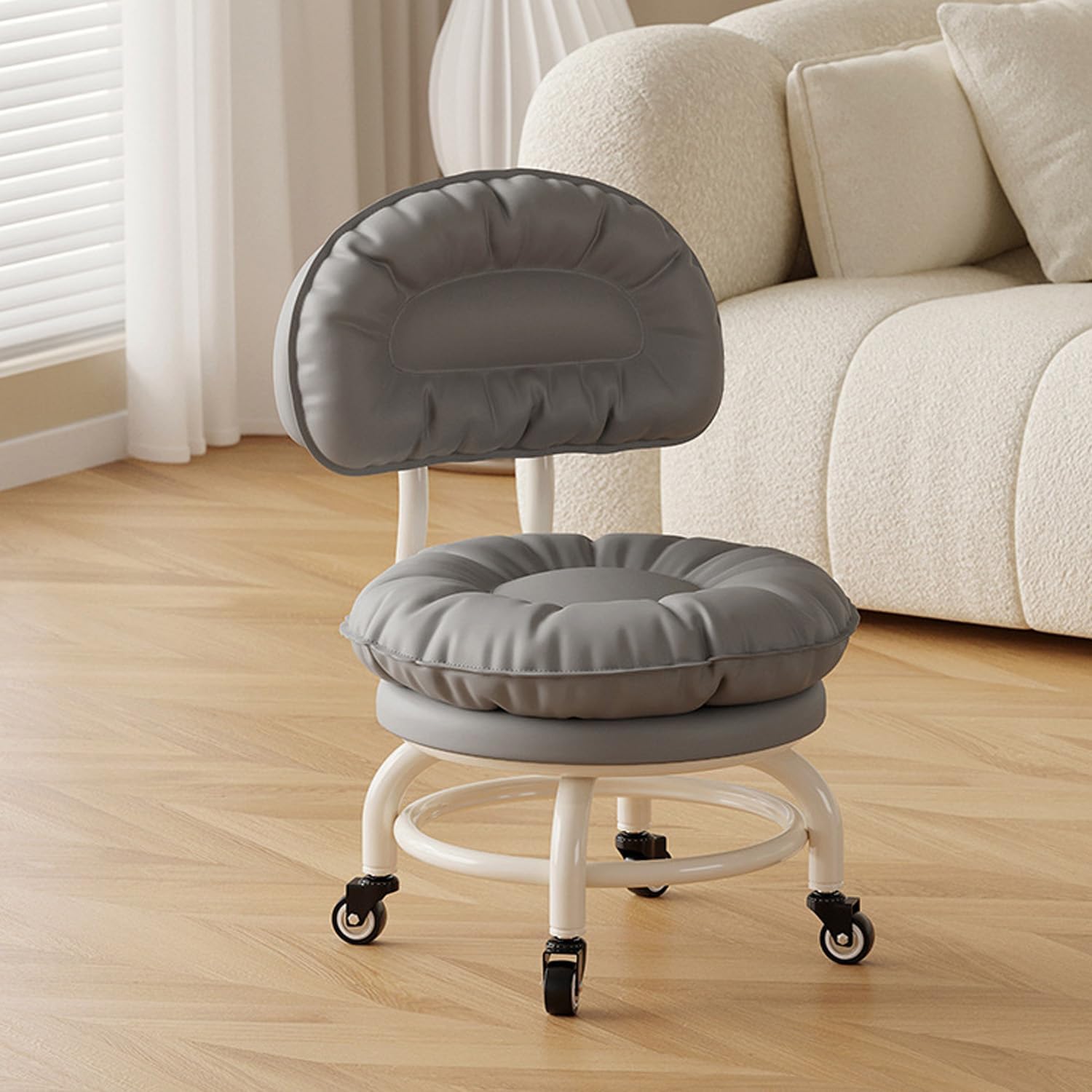 Grey,C,Low Rolling Stool with Back Support Roller Seats, Roller Chair PU Leather Low Stool with Wheels Foot Step Chair for Home,Shop,Office,Garage,Mechanic,Auto Repair,Library,Manicure