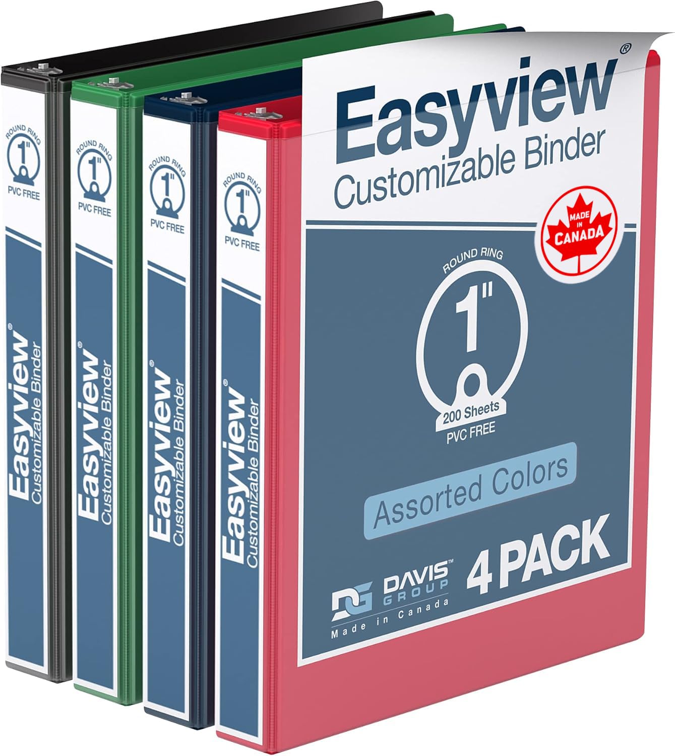 EasyView - Raccoglitori di alta qualità da 2,5 cm con copertina trasparente, raccoglitori a 3 anelli per scuola, ufficio o casa, quaderni colorati, confezione da 4, anelli rotondi, colori classici