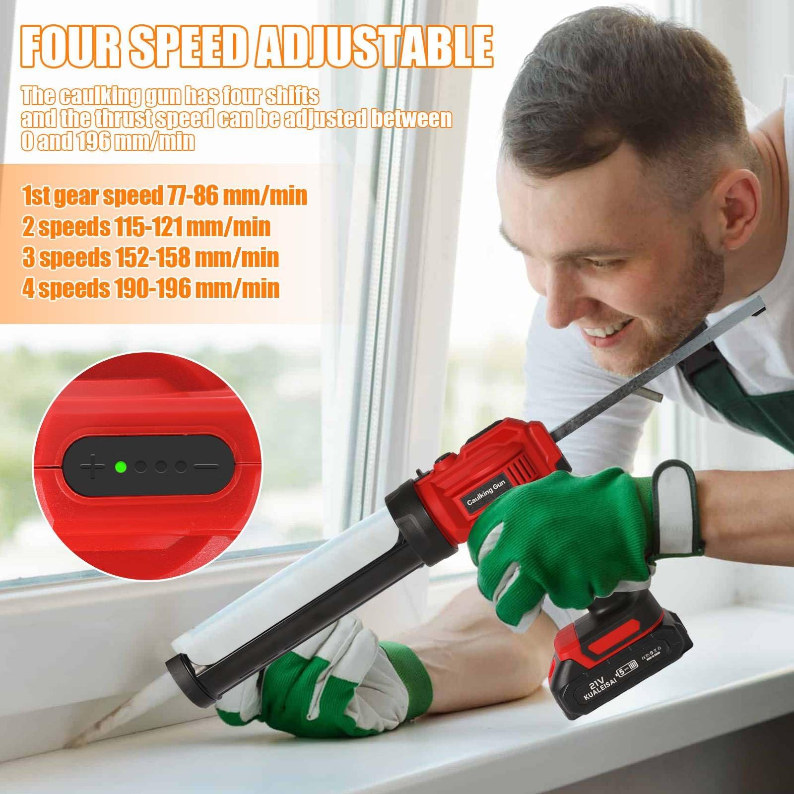 Pistolet Silicone Électrique 18V,Pistolet à Cartouche Electrique 1500mah,Pistolet Silicone Avec Led,4 Vitesses Réglables,Pompe a Silicone 300Ml Sceller,Anti-Goutte,Pour Étanchéité (1 Batterie)