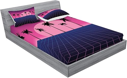 Miniatura 2 de Ambesonne Synthwave - Juego de sábanas bajeras y fundas de almohada, suelo de cuadrícula retro con siluetas de palma y diseño de vibraciones de