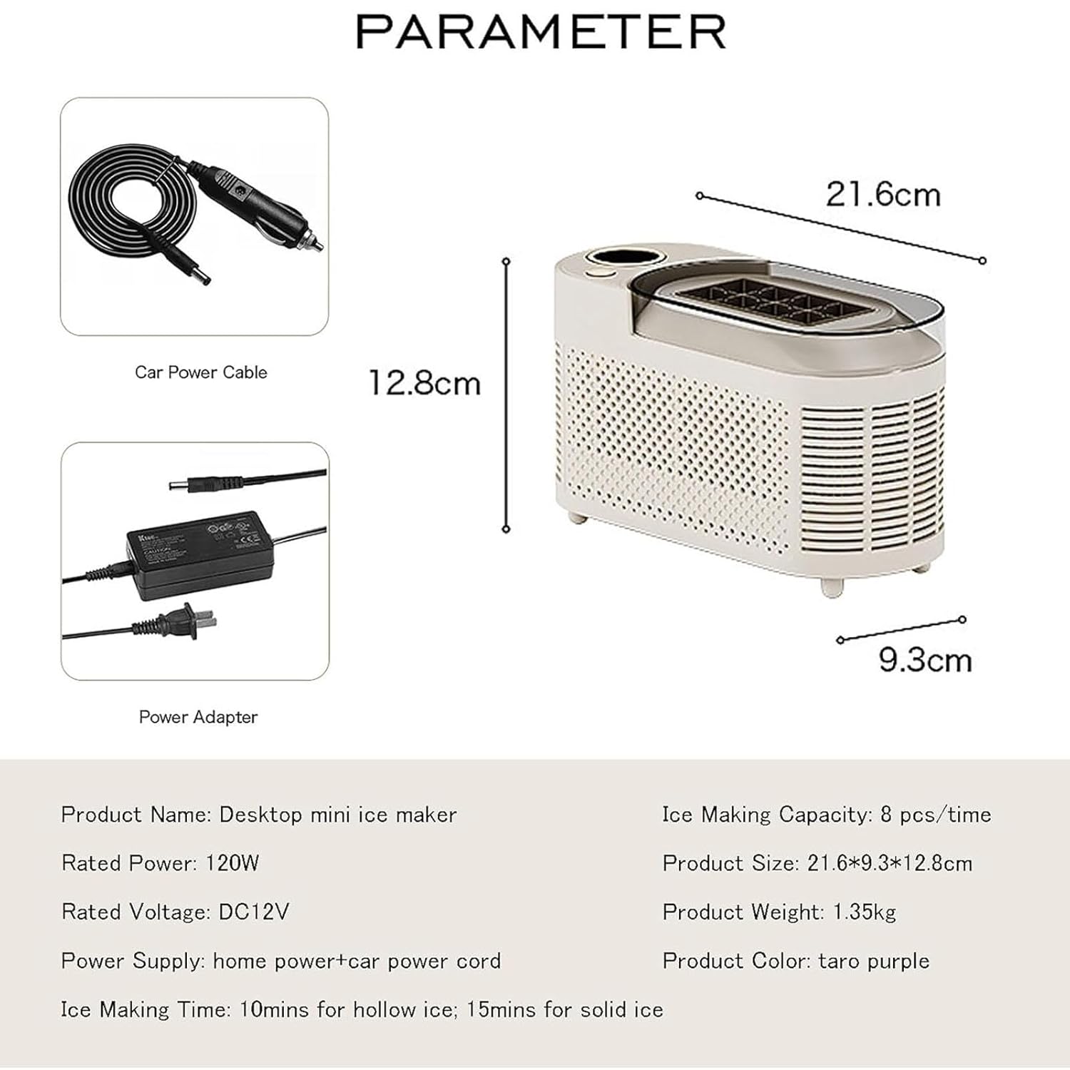 Portable Ice Maker Machine, 8 Cubes in 10 Minutes, One-Touch Operation, 12V Car Adapter, Fast Compact Design for Home, Office, Bar, RV & Party Use