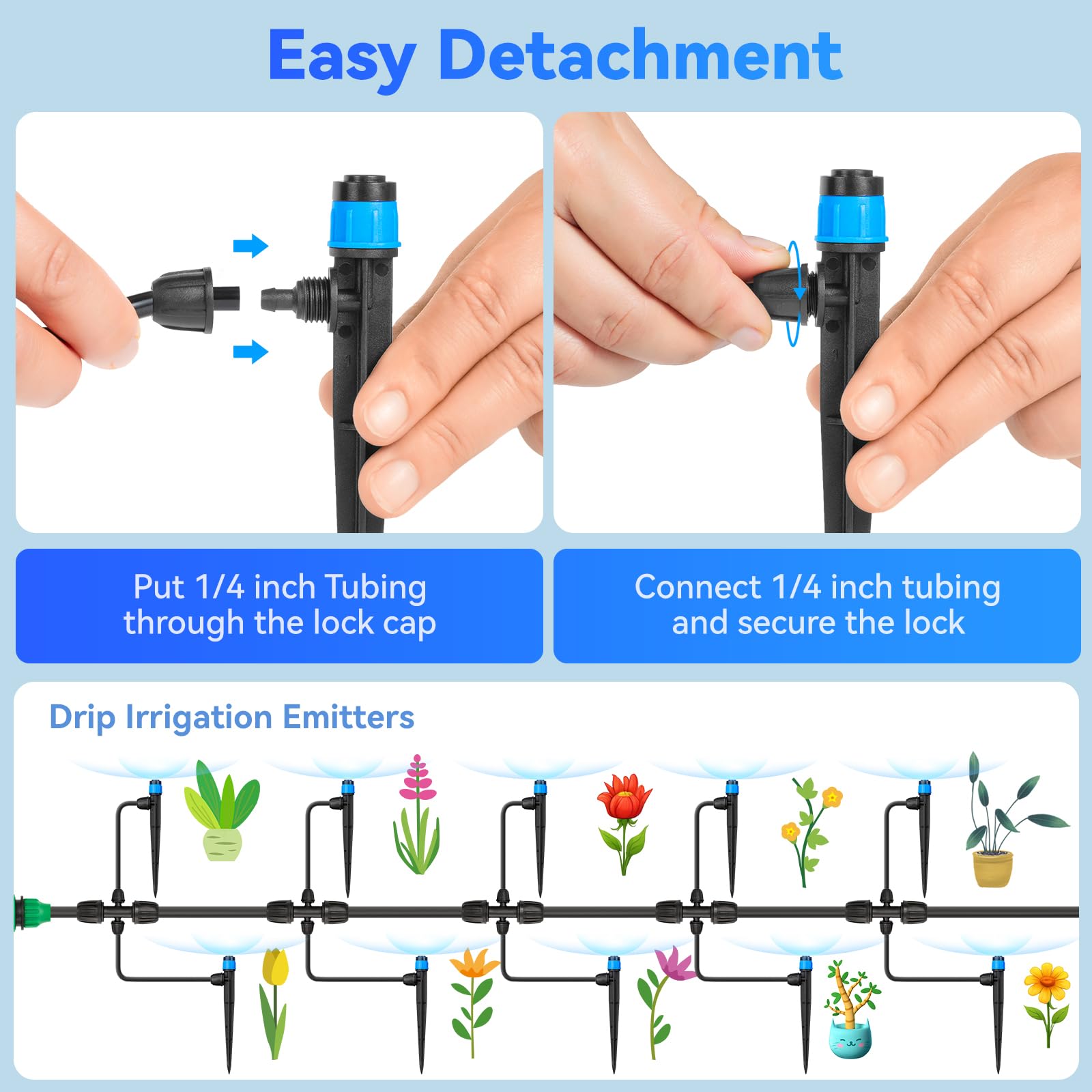 Goteros de riego por goteo ajustables Vortex: 20 unidades de emisores de riego con forma de abanico con estaca de flujo de agua con bloqueo de púas para tubos de 1/4 pulgadas para riego de jardín