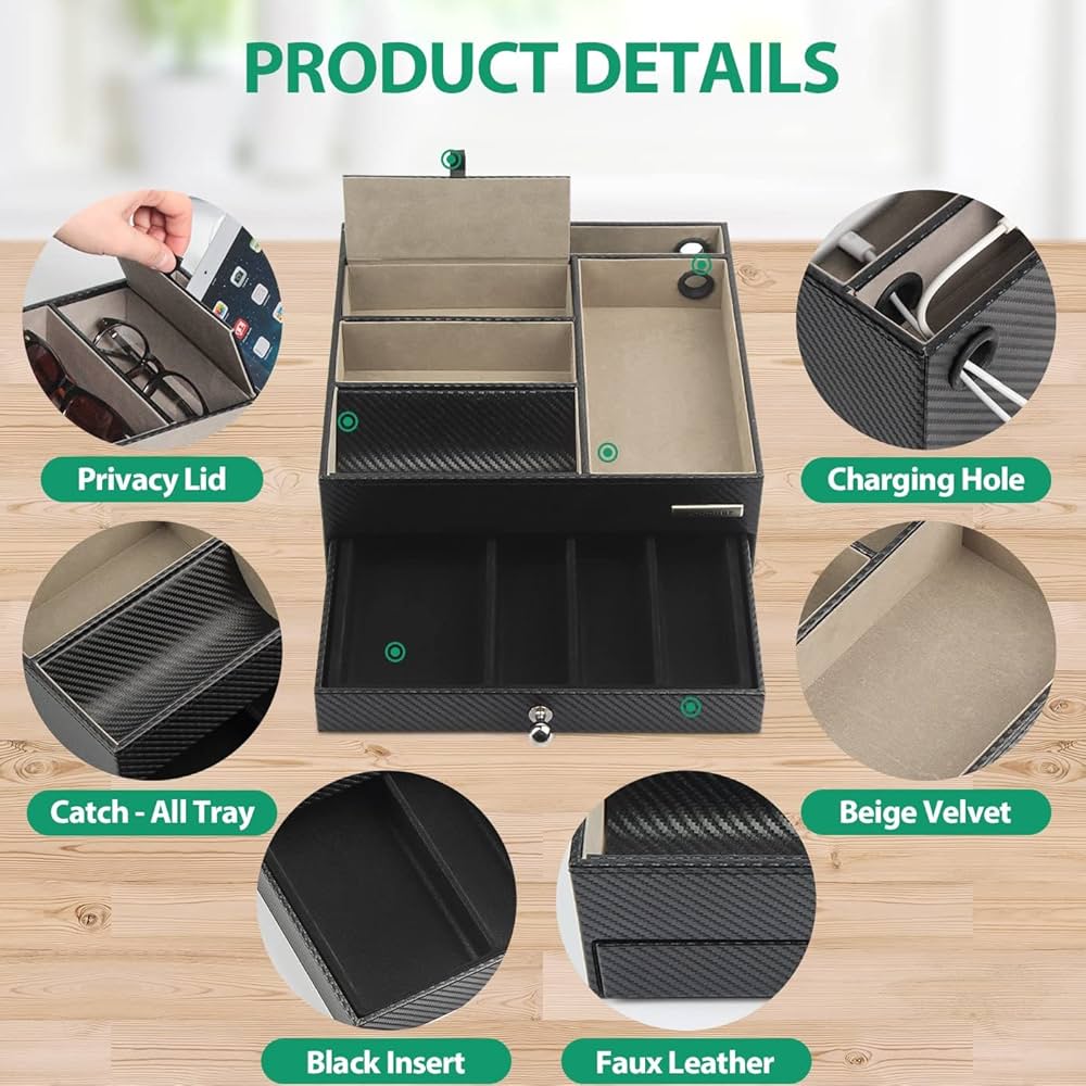 Valet De Nuit JackCubeDesign Multi-Functional Night Stand Black Leather Jewellery Box Catch All Valet Tray Organiser Storage Case Tray With Drawer And Charging Hole(Black, 28 X 27 X 8.9 Cm)- :MK389A: Valet