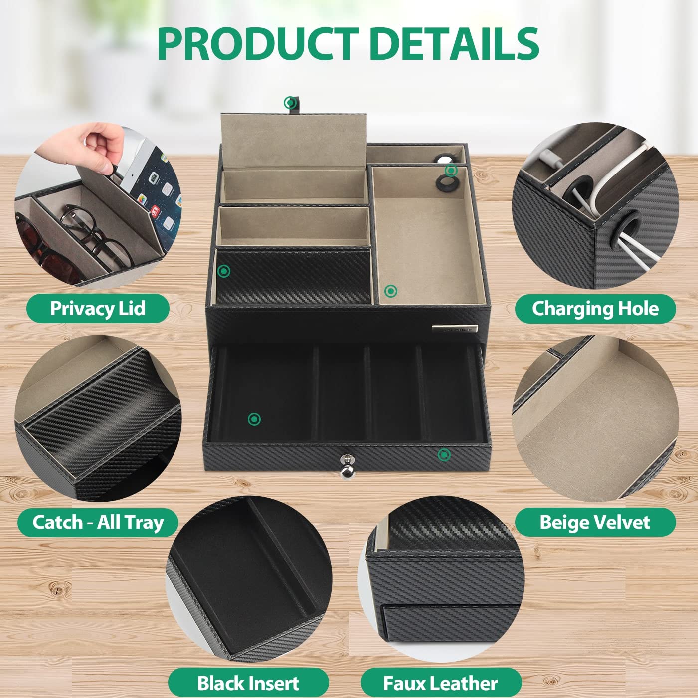 JackCubeDesign Table de nuit multi-fonctionnelle Coffret à bijoux en cuir noir Catch All Valet Tray Organizer Boîte de rangement avec tiroir et trou de chargement (Noir, 28 x 27 x 8,9 cm) -: MK389A