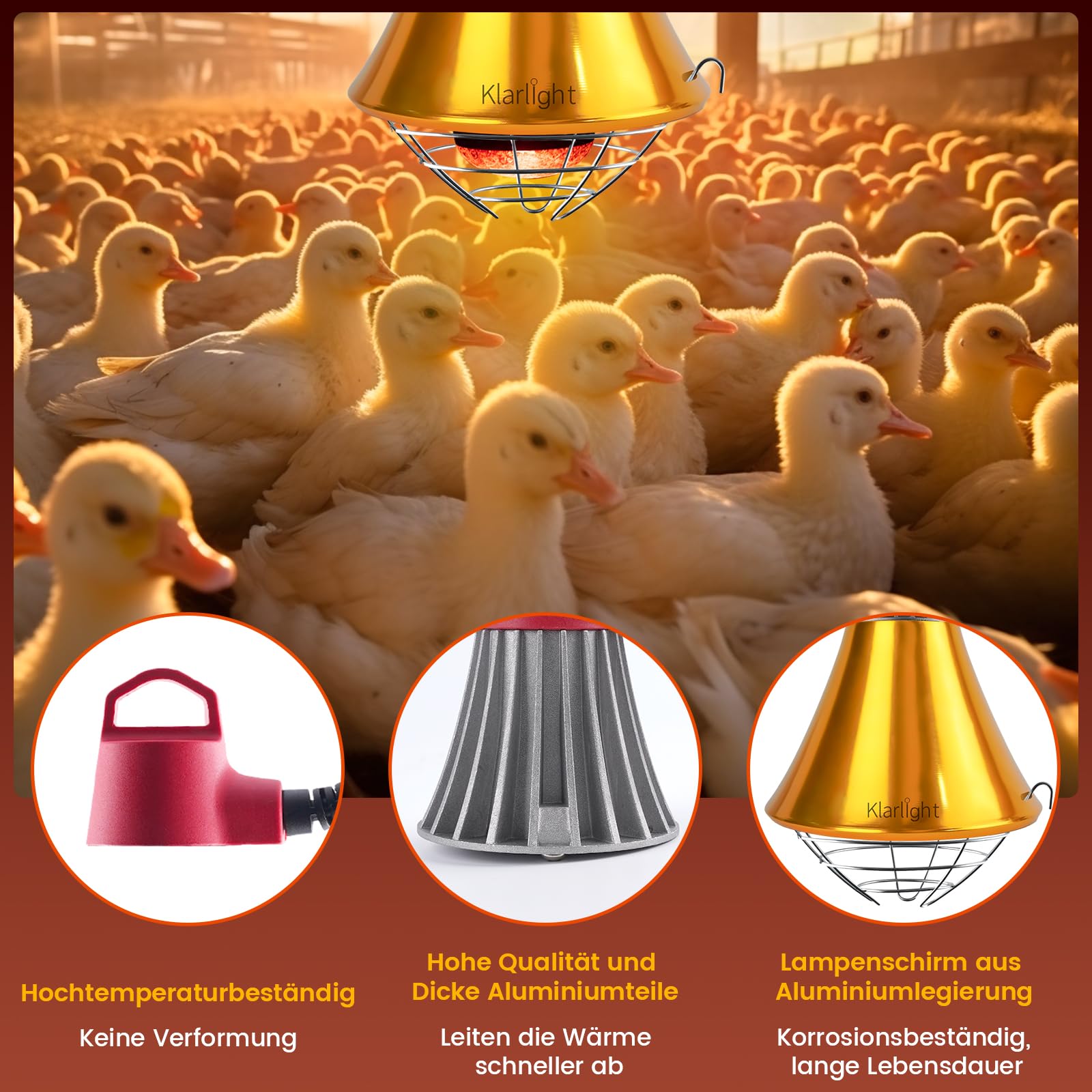 Klarlight Infrarot Wärmestrahlgerät mit Dimmer,Wärmelampen für Geflügel,E27 Wärmestrahler Maximal 275W,2M Kabel,Wärmelampen Hühnerstall Tiere hühner Kaninchen Hühnerlampe(Ohne Glühbirne)
