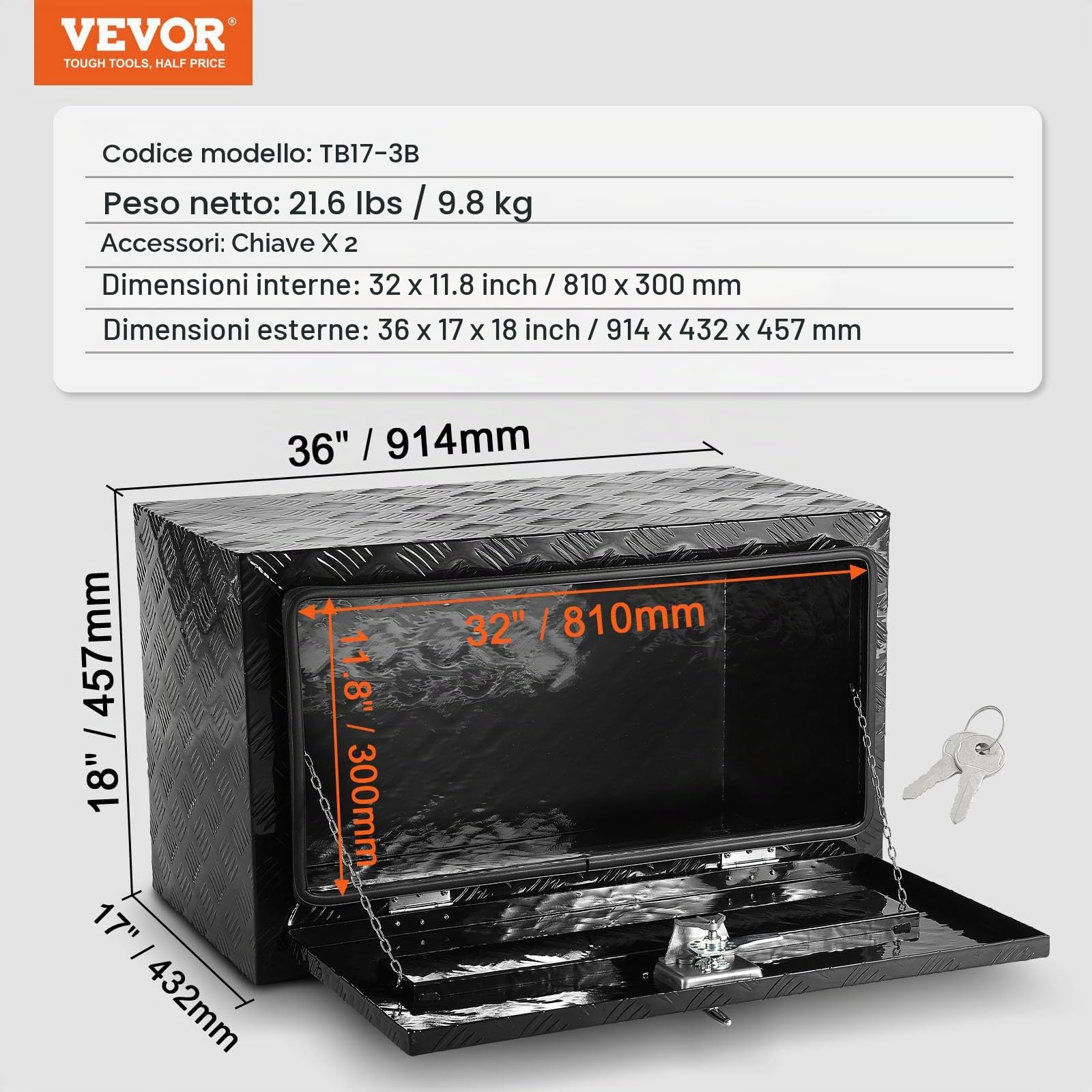 VEVOR Cassetta porta attrezzi per camion autocarro sottoscocca, Cassetta degli attrezzi 914x432x457mm, Scatola portaoggetti per pick-up, Lega di alluminio, Cassetta porta attrezzi carico 40 kg