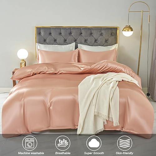 Vista 17 de HOdo Home Funda de edredón de satén, tamaño Queen, 3 piezas, funda de edredón similar a la seda, ultra suave y transpirable, juego de ropa de cama