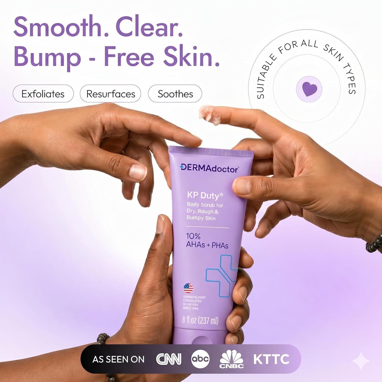 DERMAdoctor KP Bump Eraser Body Scrub with 10% AHAs + PHAs for Keratosis Pilaris, Dry, Rough, and Bumpy Skin, Dermatologist Formulated Exfoliating Body Scrub with Glycolic and Lactic acids - 8 Fl oz