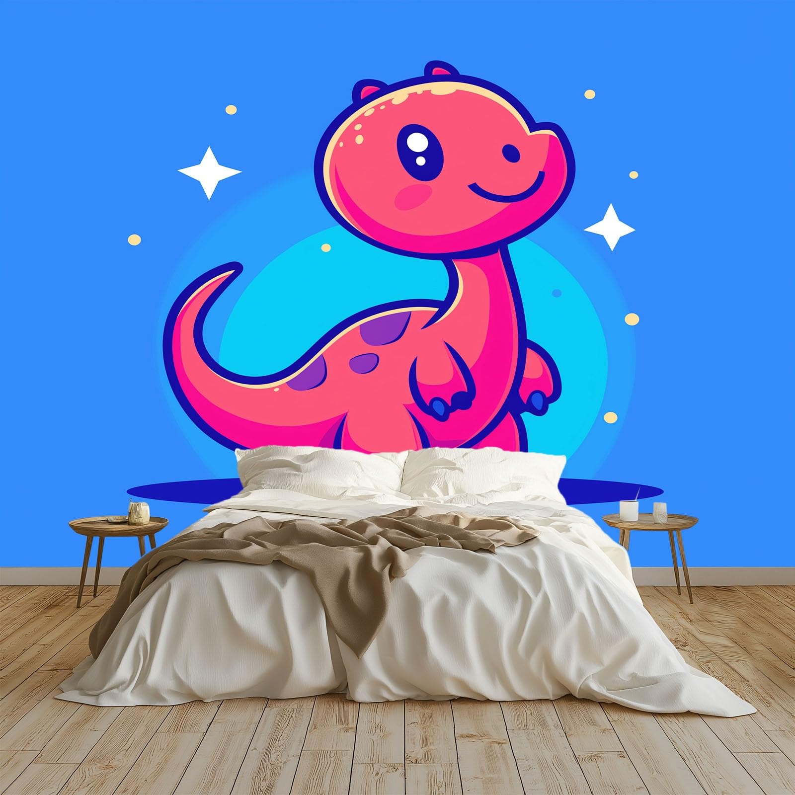Tapeta ścienna z motywem dinozaurów, gwiazd i księżyca, niebieska tapeta, tapeta ścienna, 400 x 280 cm (szer. x wys.), dekoracja ścienna, tapeta dekoracyjna, tapeta do salonu, sypialni, biura