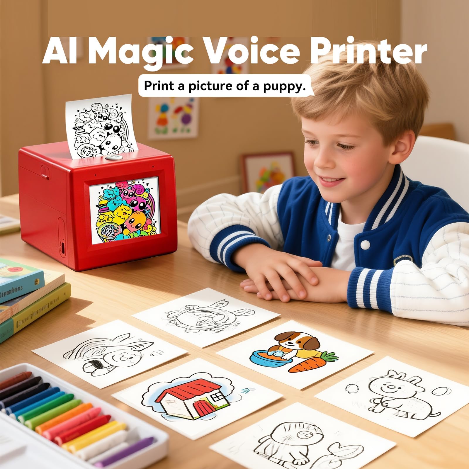AI Voice Sticker Maker per bambini, mini stampante termica senza inchiostro con 6 modalità artistiche, macchina adesiva personalizzata vocale a immagine, stampante portatile per etichette fai da te