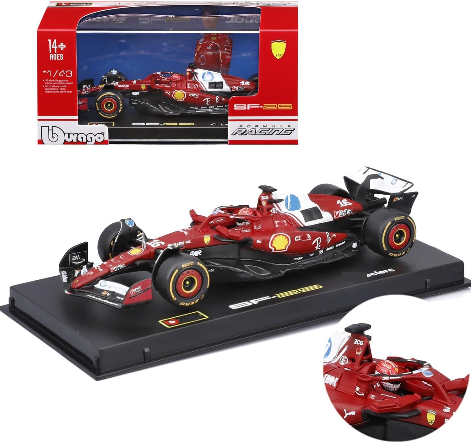HTLNUZD 2025 1/43 F1 SF25#16 Alloy Racing Formula Car Static Simulation DieCast Adult Collectible Model (Acrylic Case Packaging)