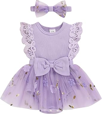 Baby Girl Romper Dress, Tulle Skirt Bodysuit Ruffle Sleeveless Summer Outfit with Headband for Infants 0-12M