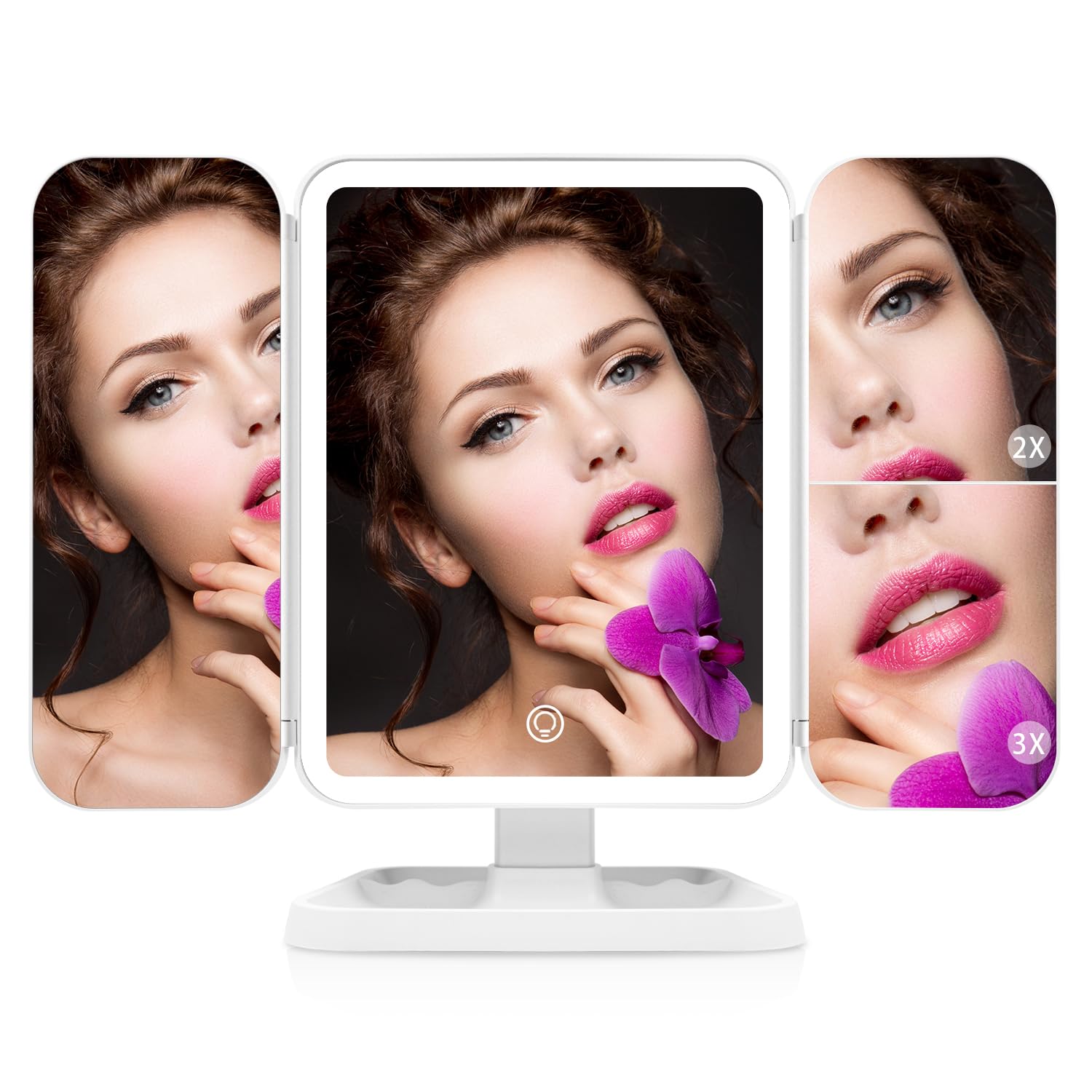 Auxmir Espejo Maquillaje con Luz, 52 Leds Espejo 1X/2X/3X Aumento, 2000mAh Espejo Tríptico Recargable, con Pantalla Táctil Ajustable USB, 3 Colores de Luz, 180° Giratorio, Blanco