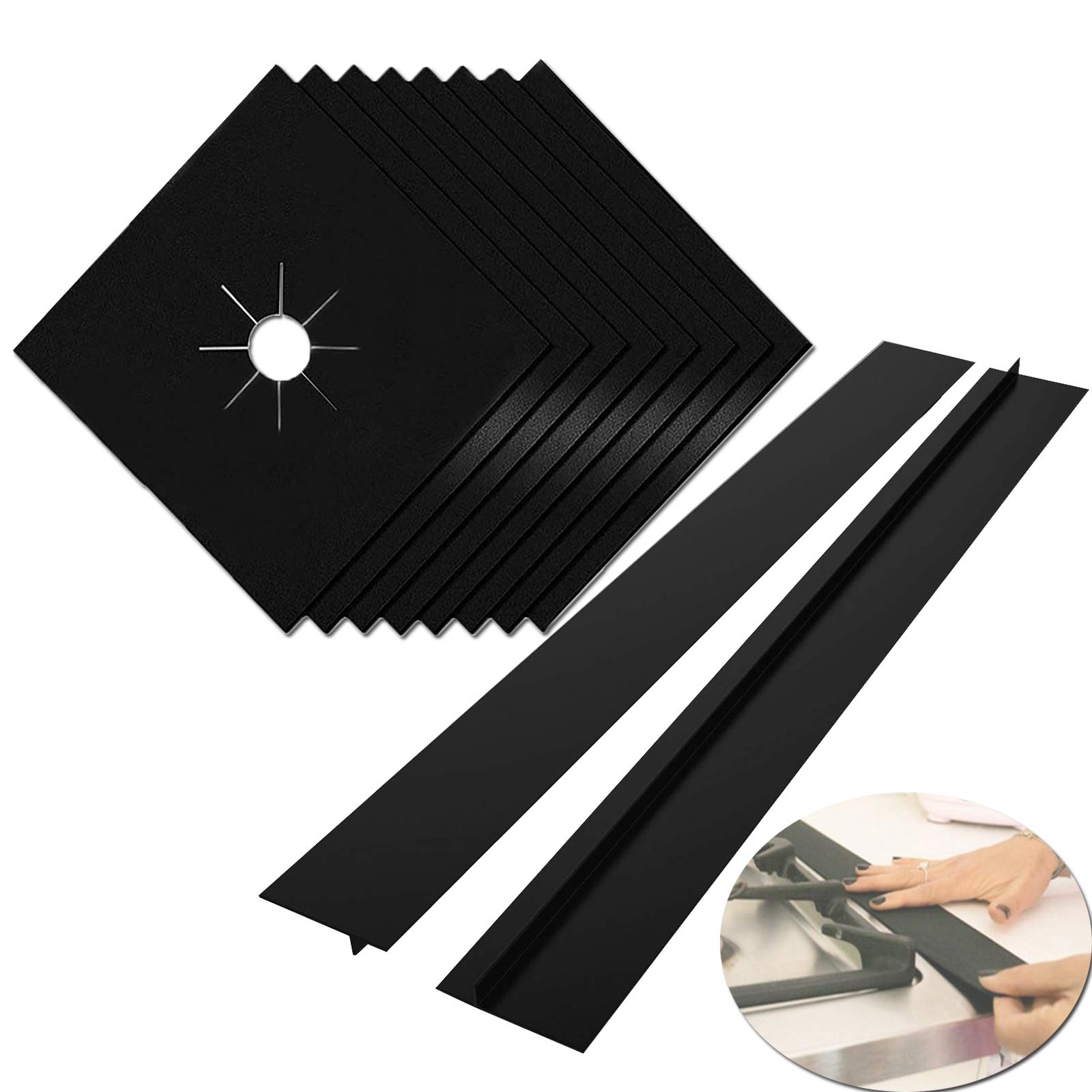 8 Pcs Gas Hob Covers for Gas Cookers, MSDADA Reusable Stove Burner Covers with 2 Pcs 21” Stove Counter Gap Cover, Non-Stick Gas Hob Range Protectors, Induction Hob Protector Mat(8 Black&2 Black)