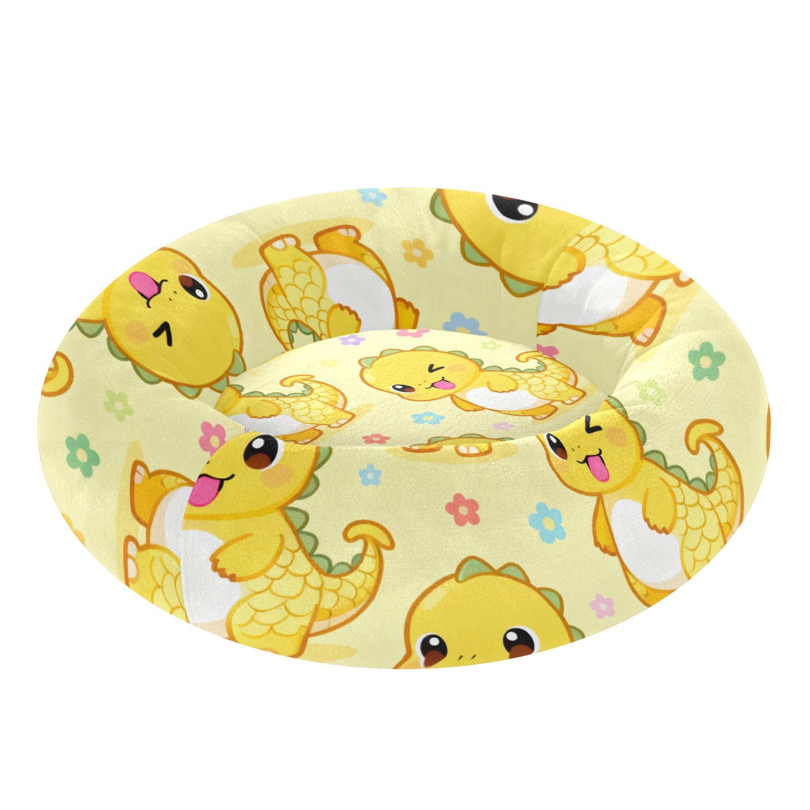 Lit donut pour chat dinosaure jaune S contre le stress animal