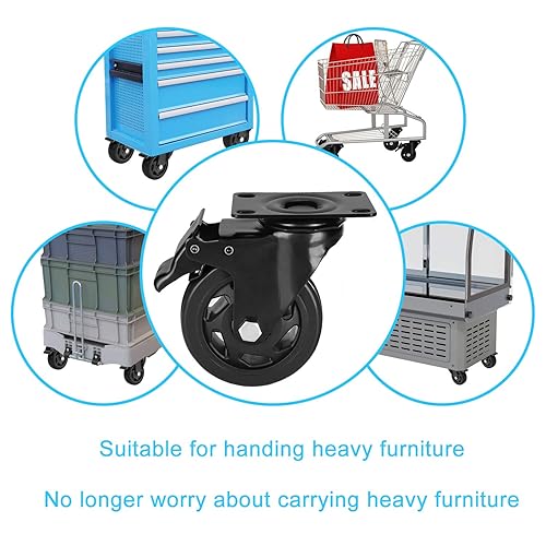 Miniatura 3 de PRITEK Ruedas giratorias de 4 pulgadas de carga de 1200 libras de goma resistentes, juego de 4 ruedas giratorias con freno de seguridad sin ruido