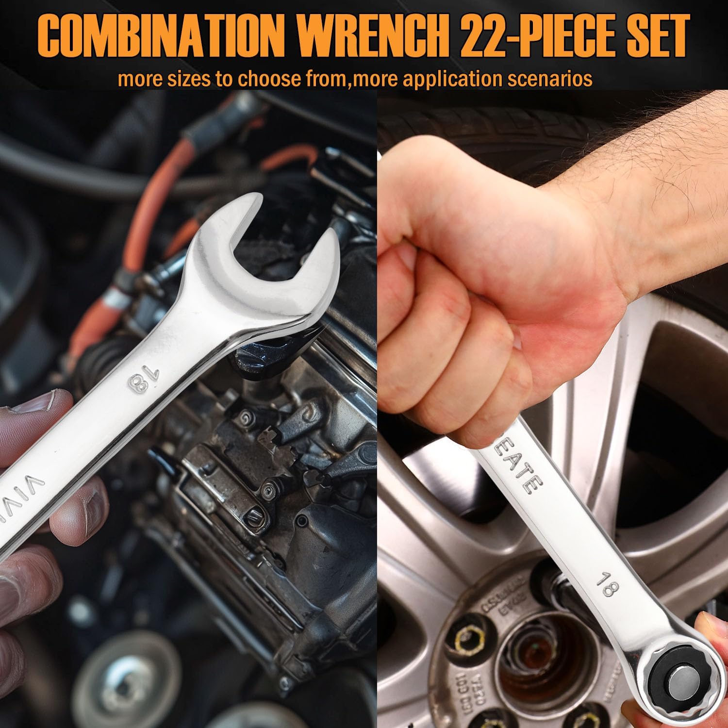 vivicreate Wrench Set - 22-Piece Wrench Set Metric and Standard, Sizes 8-18mm & 1/4"-7/8", Combination Wrench Sets with Storage Rack, for Home, Garage & Car Maintenance - Made in India