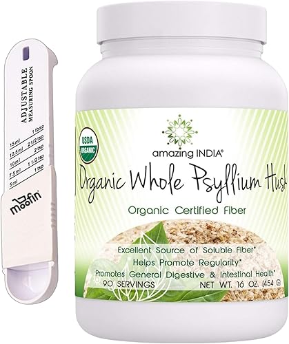 India Organic - Polvo de cáscara de psyllium entera, 16 onzas, certificado por Usda, fibra para la salud digestiva  Incluido con cuchara medidora,