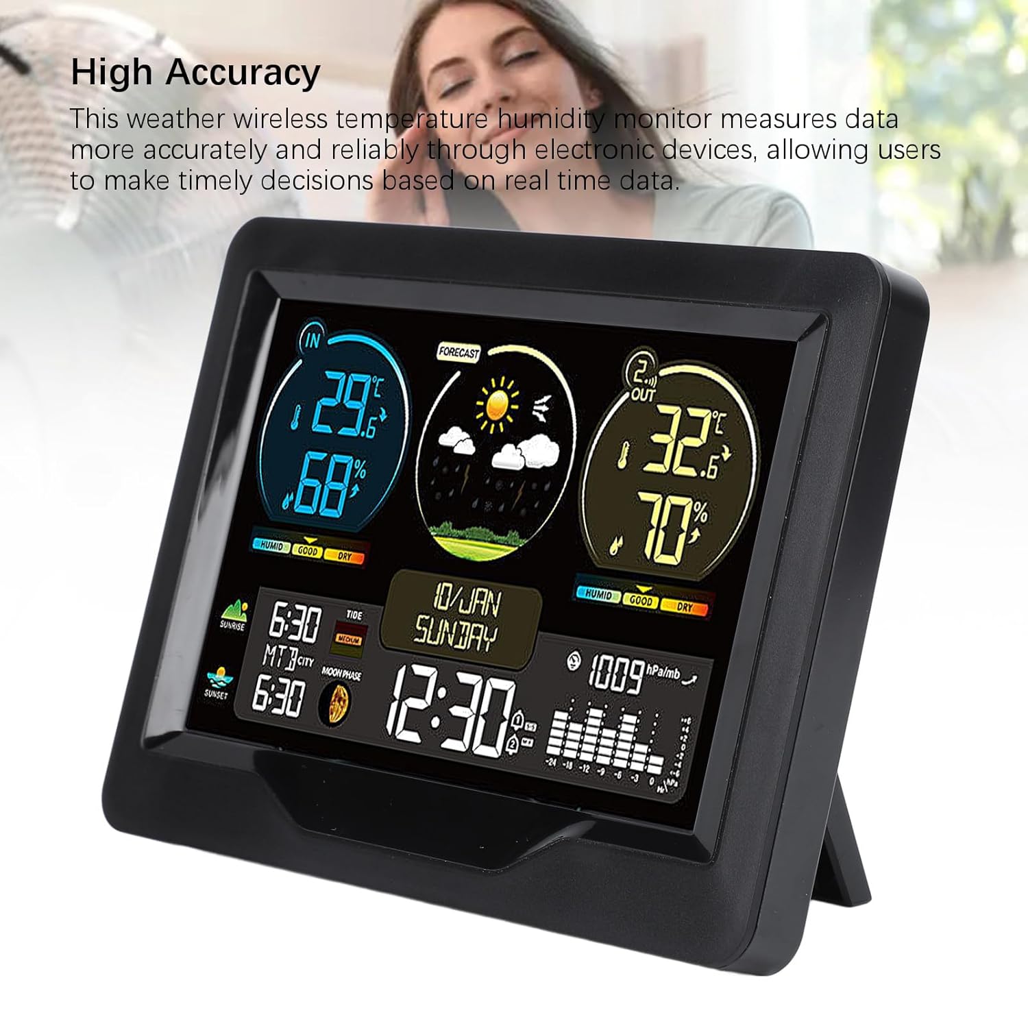 Digital Weather Thermometer Wireless Temperature Humidity Monitor with Color Screen Display Sunup Sundown Clock Alarm Calendar for Home Office Indoor Outdoor Use ABS Material