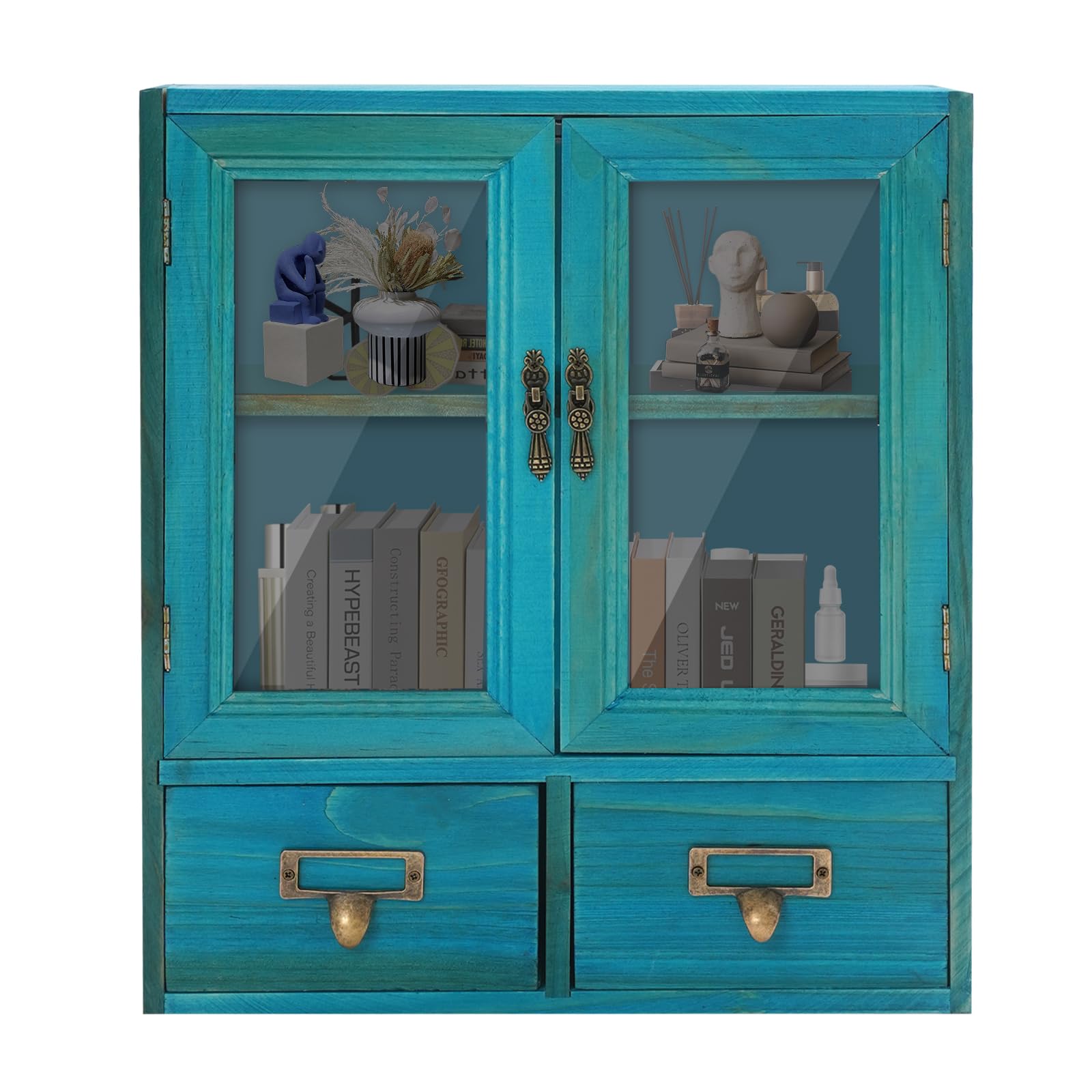 ZeStarDair 2 Tier Storage Cabinet with 2 Drawers Double Door Wooden Desk Top Organizer Cabinet, Wooden Apothecary Cabinets Desktop Storage Cabinets