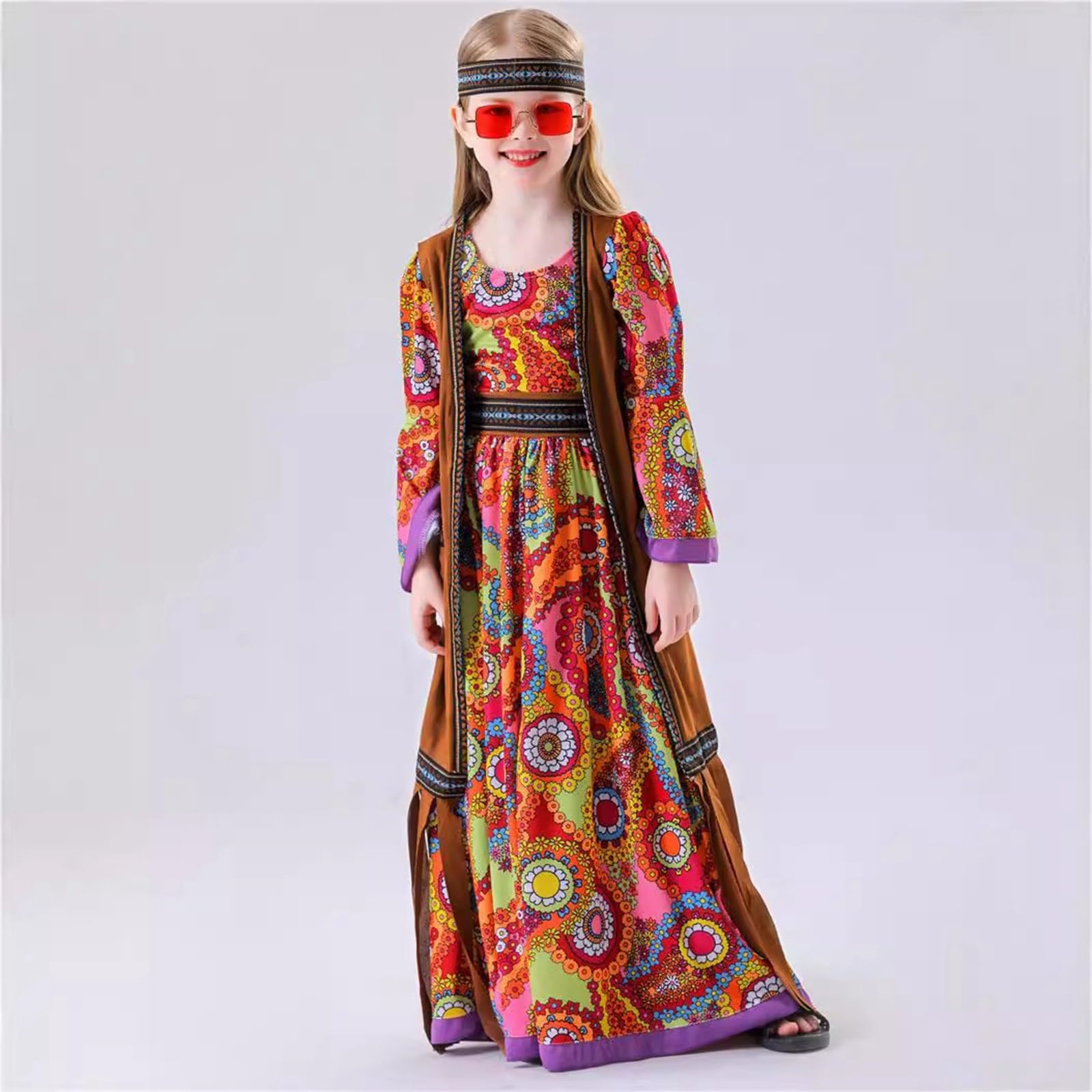 Vestito Carnevale Bambina Principessa-Costumi di Carnevale Vestito da Discoteca Hippie per Ragazze, Gonna con Fascia, Gilet e Cintura per Travestimenti da Festa
