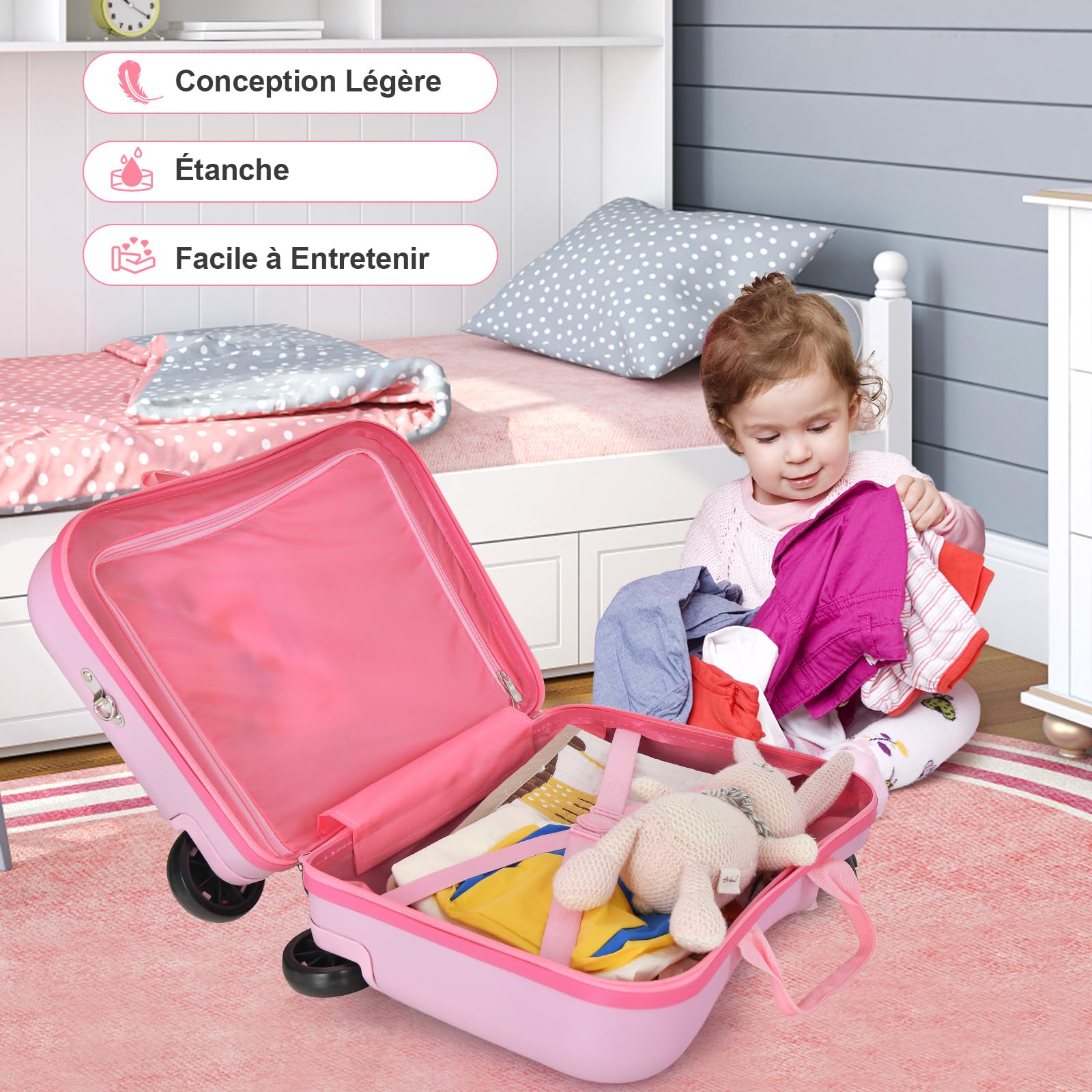 COSTWAY Valise Enfants à roulettes 18” avec Sac à Dos 12”, Bagages à Main pour Voyage avec Roues Coque Imperméable Poignée Rétractable pour Enfants de 3 Ans+ Charge 50KG+8KG (Rose Licorne)