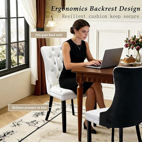 Miniatura 3 de Juego de 6 sillas de comedor de cuero, sillas laterales con respaldo alto, silla lateral tapizada moderna con anillo trasero de botón, patas de negro