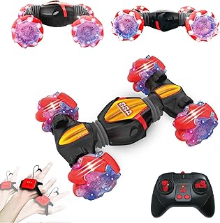 سيارة بهلوانية بجهاز تحكم عن بعد بمستشعر إيماءات مع ضوء، شاحنة دفع رباعي بوجهين بمقياس 1:20، دوران 360° وتردد 2.4GHz للأولاد والبنات والبالغين، لعمر 4 سنوات فما فوق لعيد الميلاد والكريسماس، لون أحمر